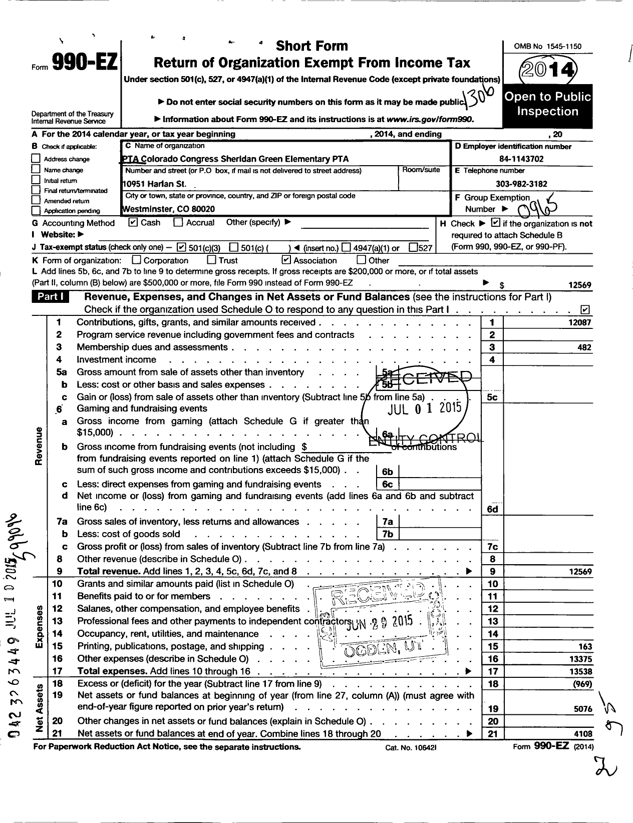 Image of first page of 2012 Form 990EZ for PTA Colorado Congress / Sheridan Green Elementary PTA