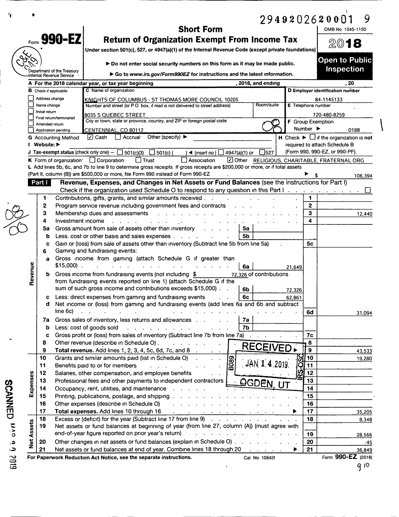 Image of first page of 2018 Form 990EO for KNIGHTS OF COLUMBUS - 10205 ST Thomas More Council