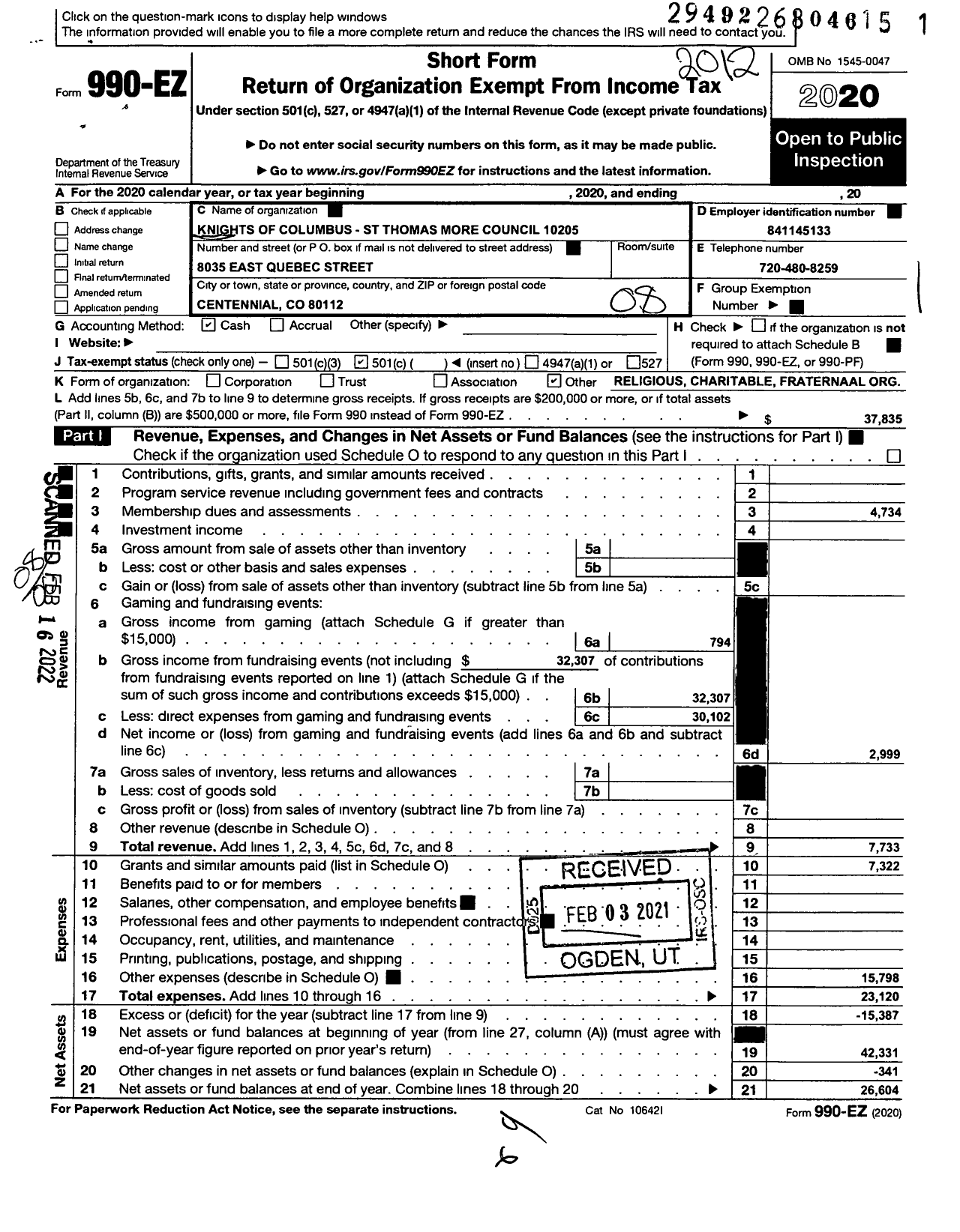 Image of first page of 2020 Form 990EO for KNIGHTS OF COLUMBUS - 10205 ST Thomas More Council