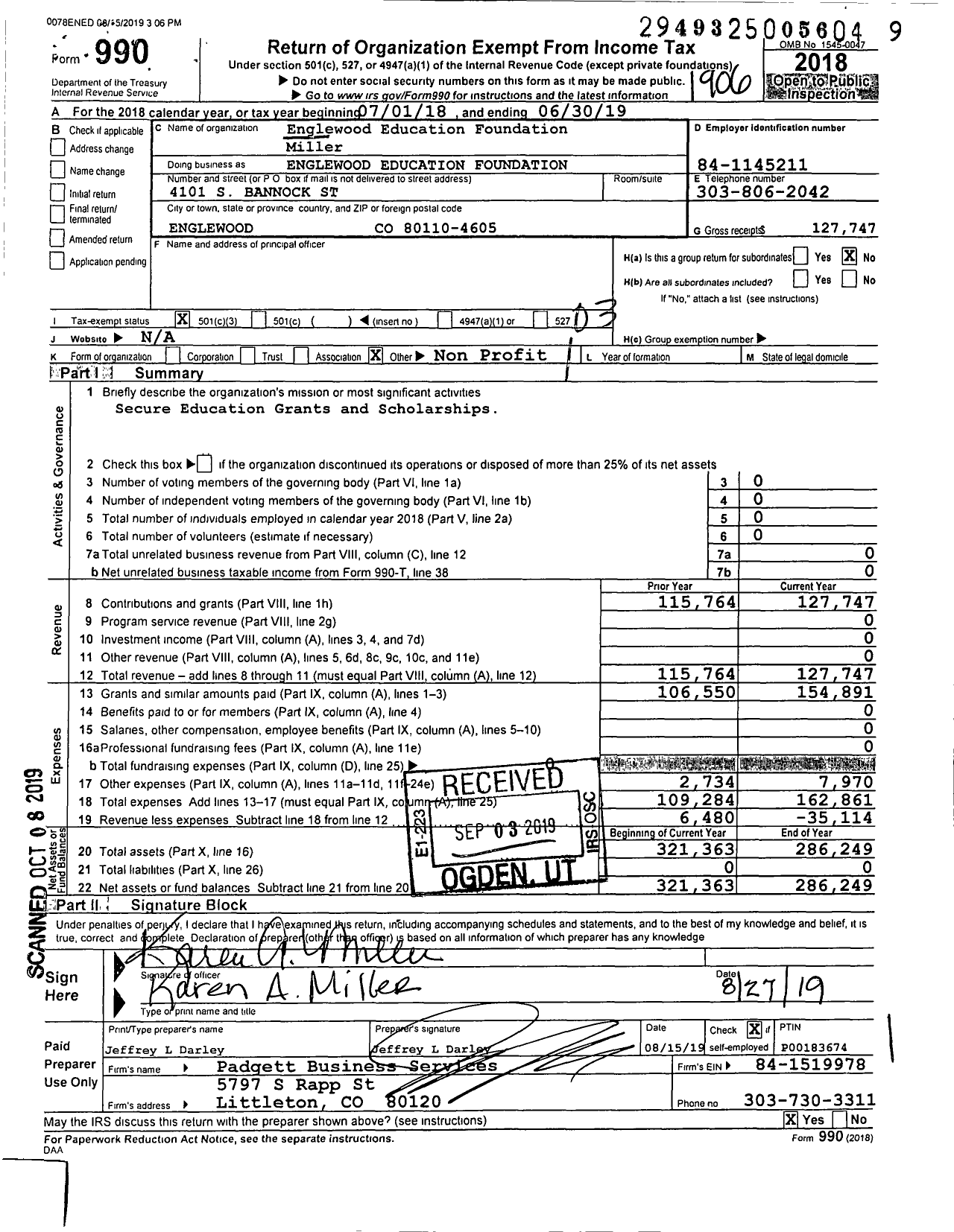 Image of first page of 2018 Form 990 for Englewood Education Foundation