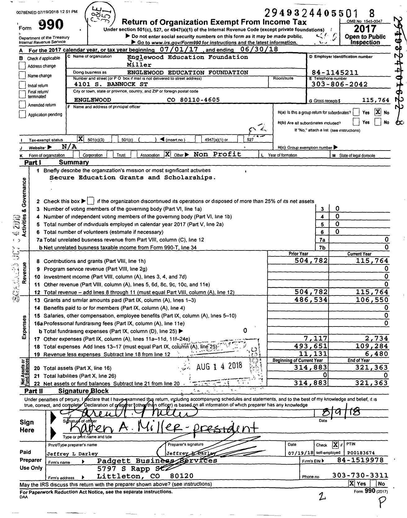 Image of first page of 2017 Form 990 for Englewood Education Foundation