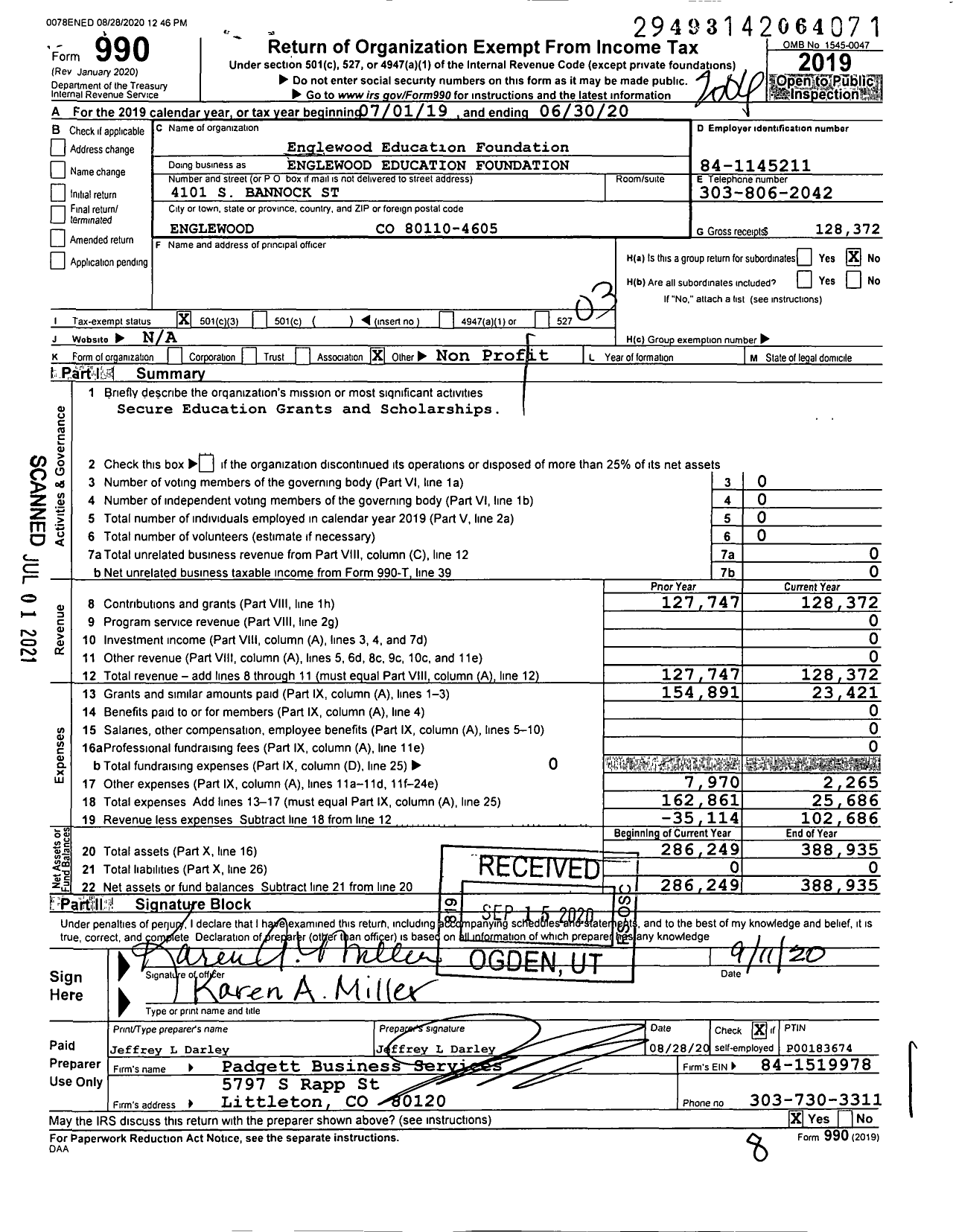Image of first page of 2019 Form 990 for Englewood Education Foundation