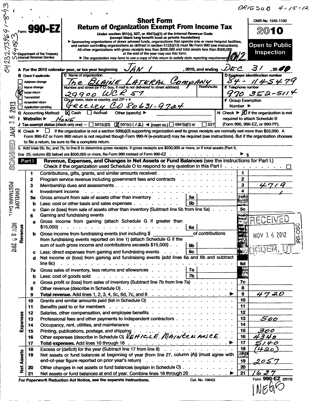 Image of first page of 2010 Form 990EO for Blaine Lateral Company