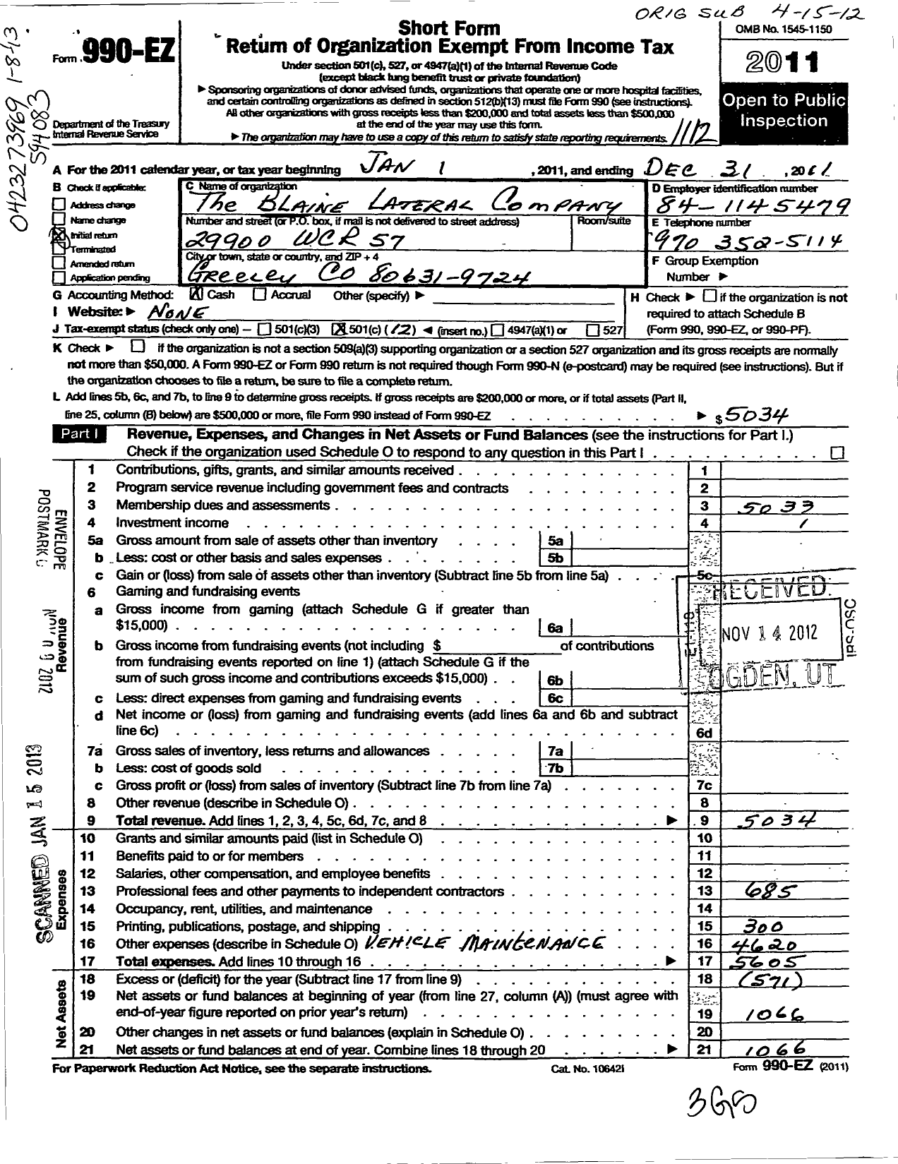 Image of first page of 2011 Form 990EO for Blaine Lateral Company