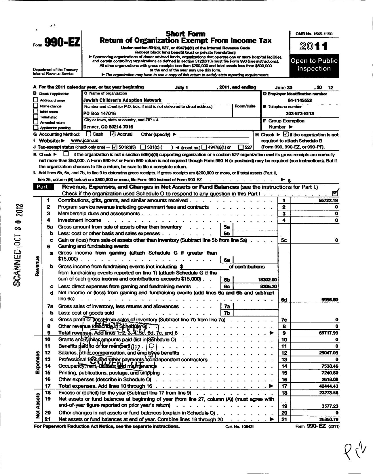 Image of first page of 2011 Form 990EZ for Jewish Childrens Adoption Network