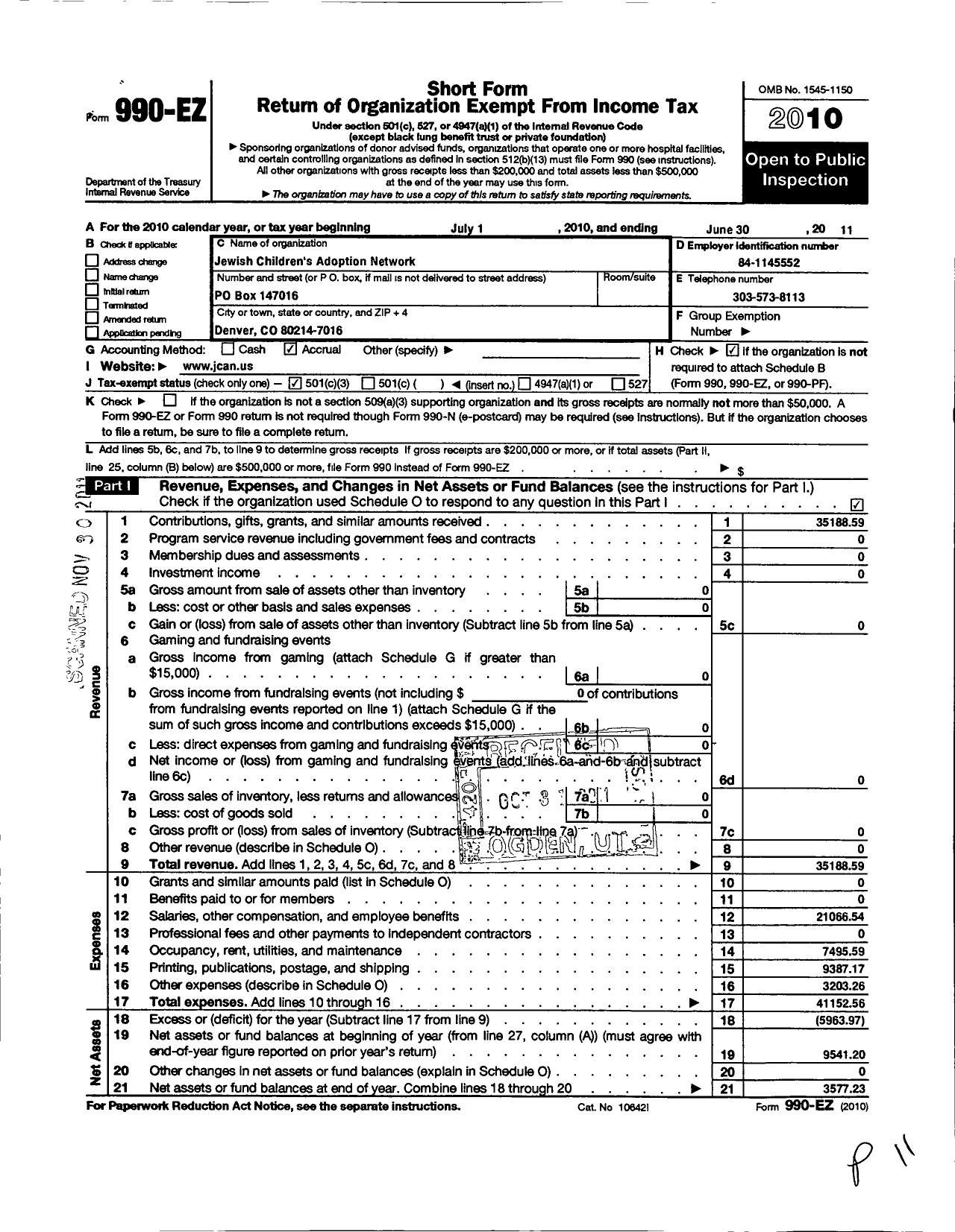 Image of first page of 2010 Form 990EZ for Jewish Childrens Adoption Network