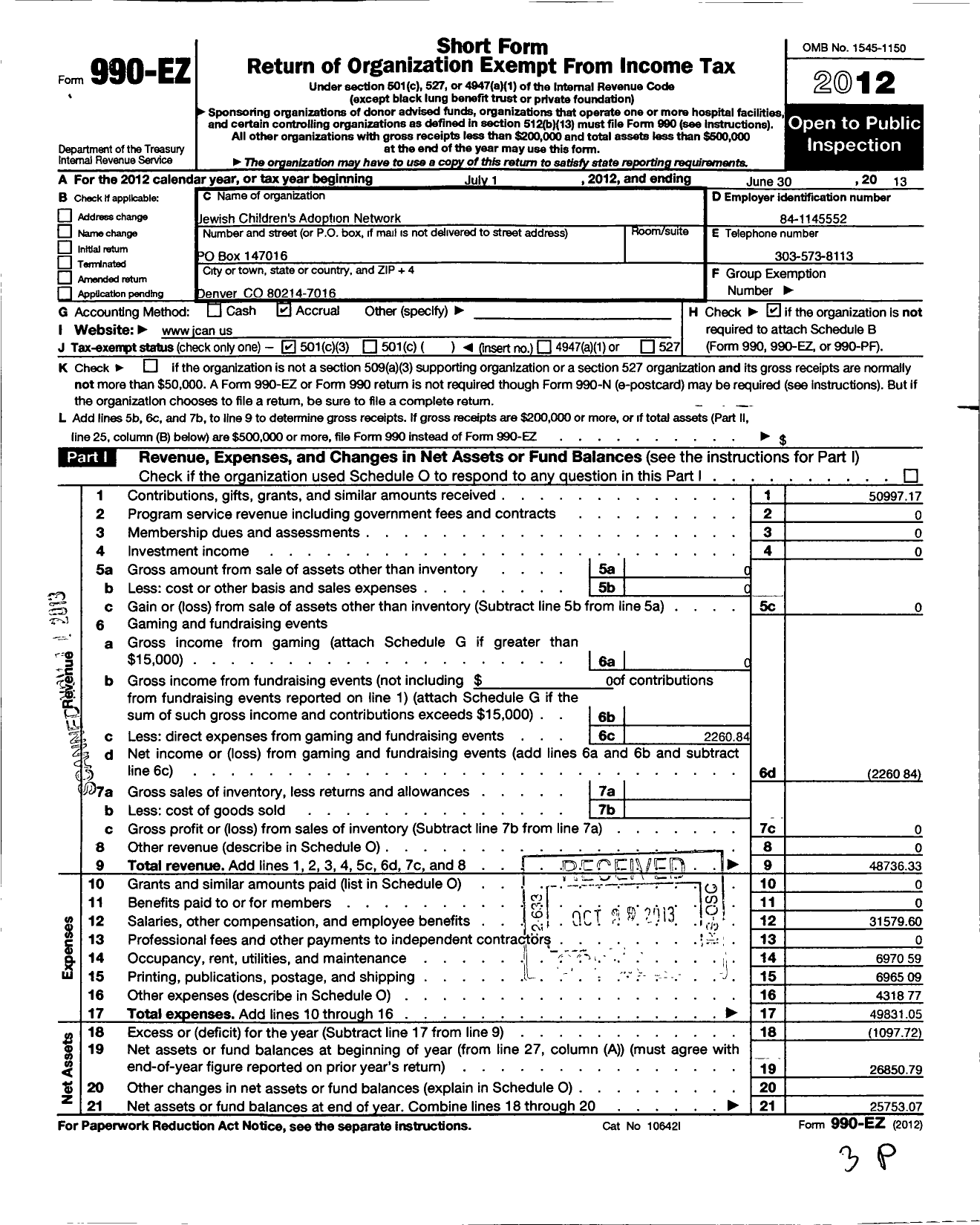 Image of first page of 2012 Form 990EZ for Jewish Childrens Adoption Network