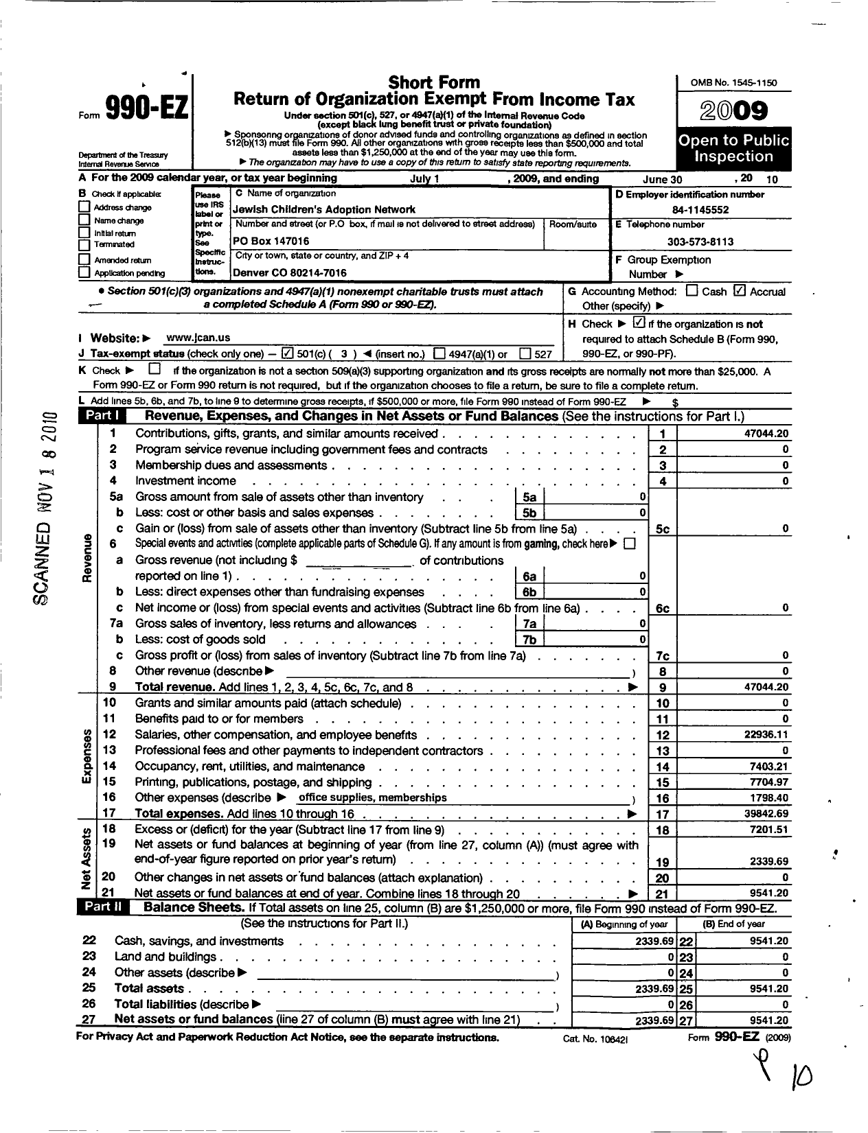 Image of first page of 2009 Form 990EZ for Jewish Childrens Adoption Network