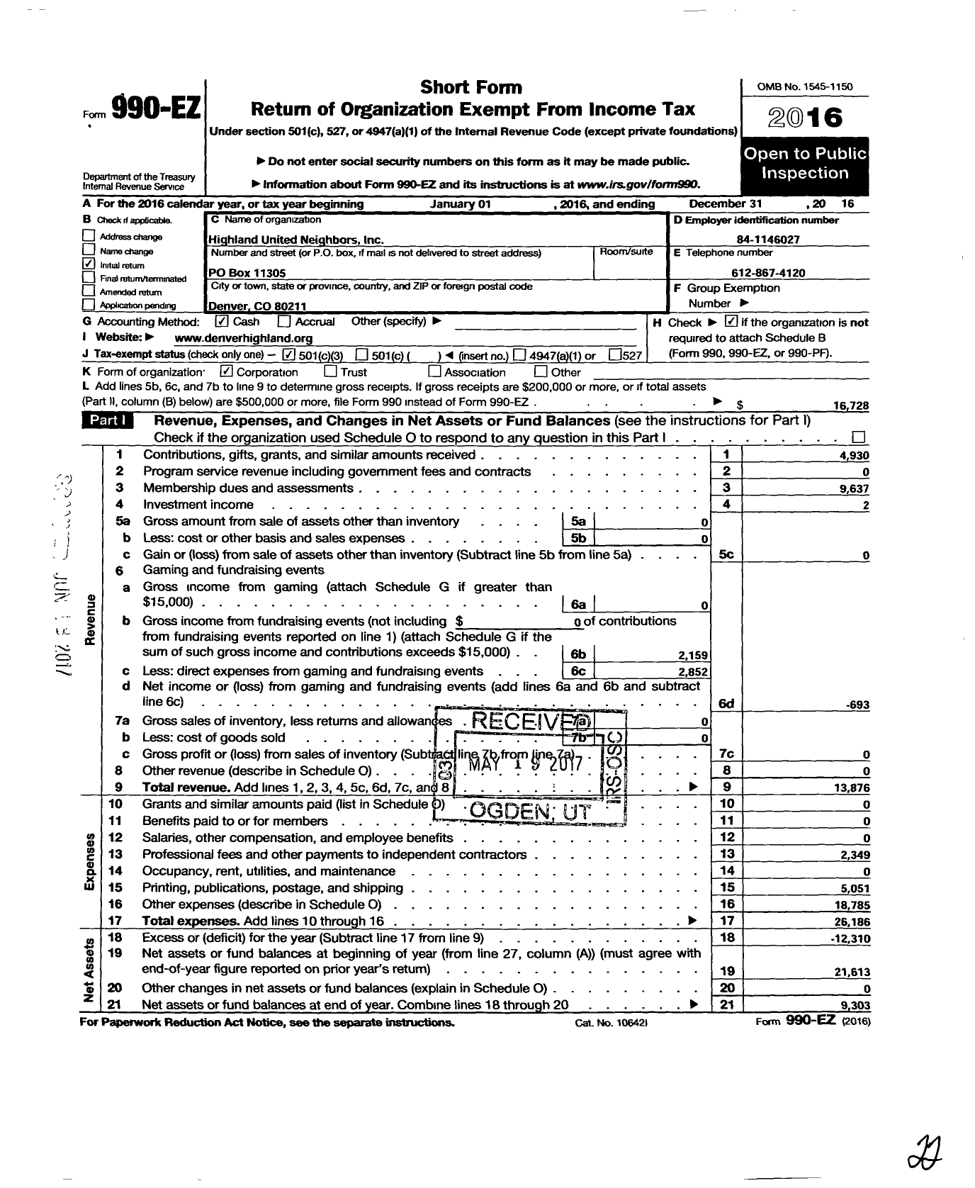 Image of first page of 2016 Form 990EZ for Highland United Neighbors Incorporated