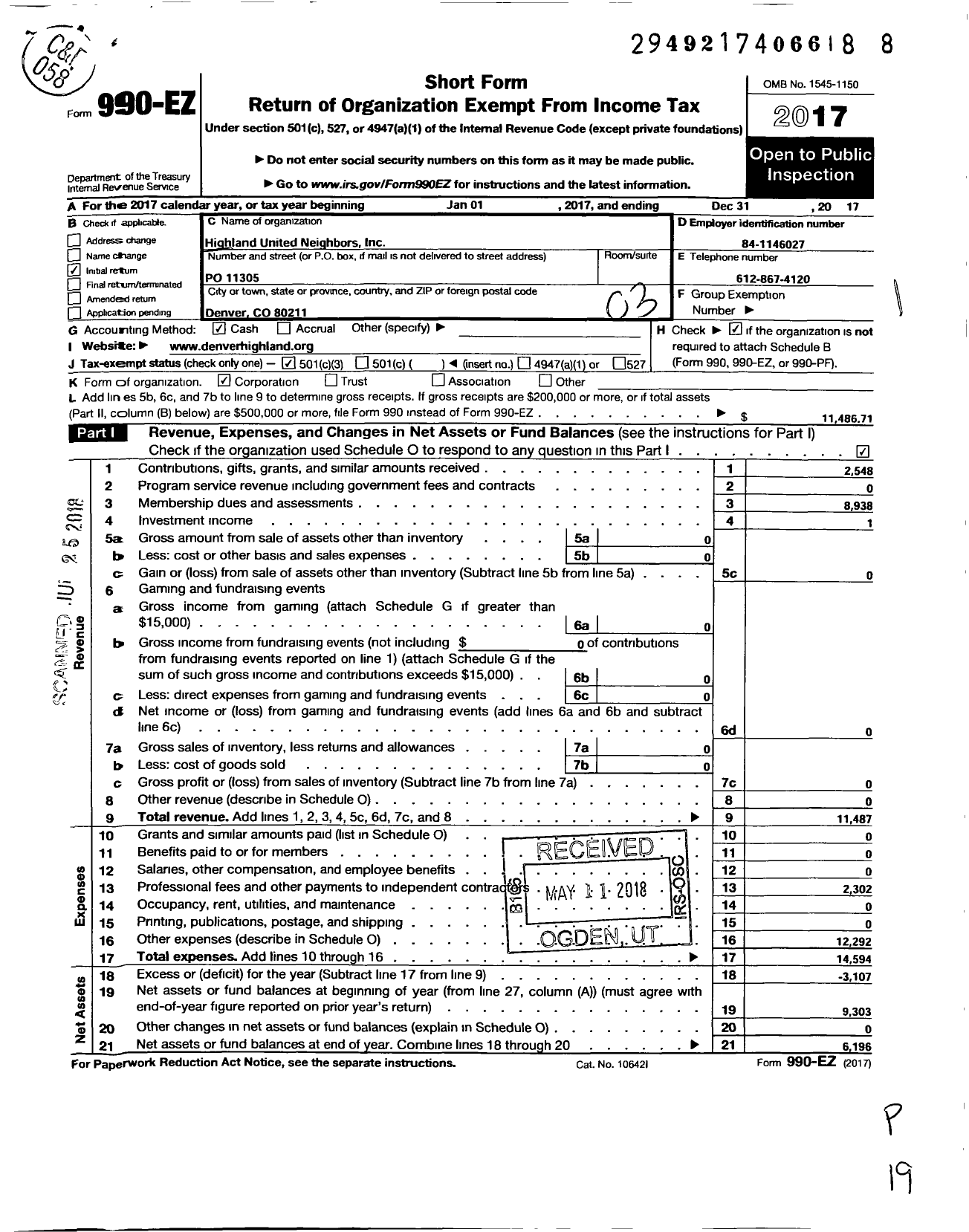 Image of first page of 2017 Form 990EZ for Highland United Neighbors Incorporated