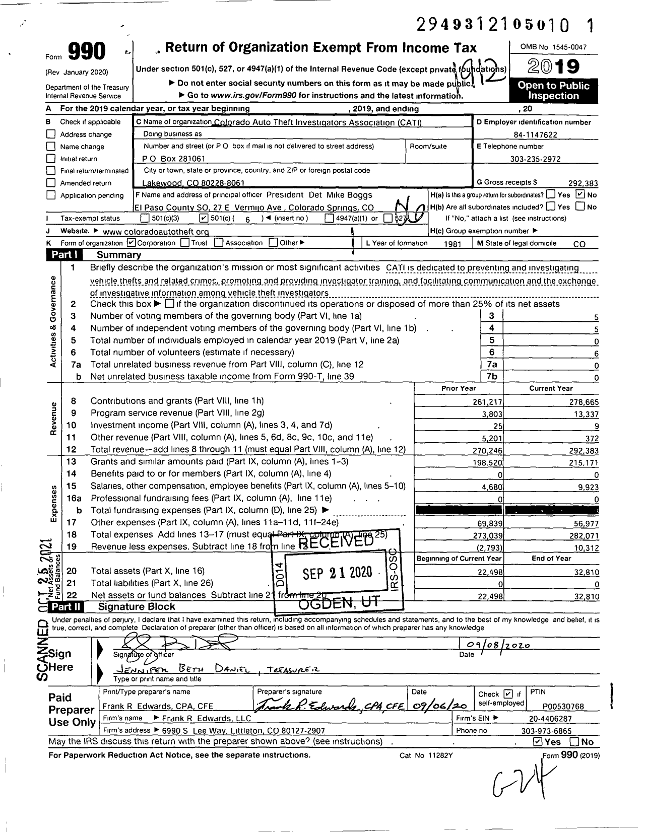 Image of first page of 2019 Form 990O for Colorado Auto Theft Investigators Association