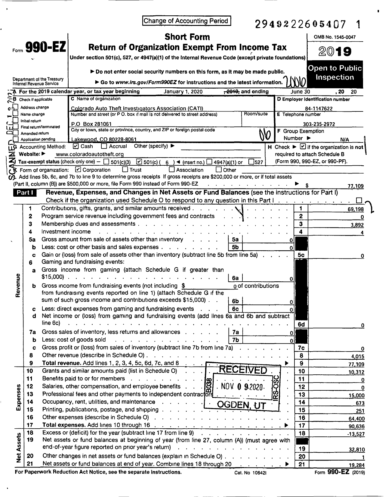 Image of first page of 2019 Form 990EO for Colorado Auto Theft Investigators Association