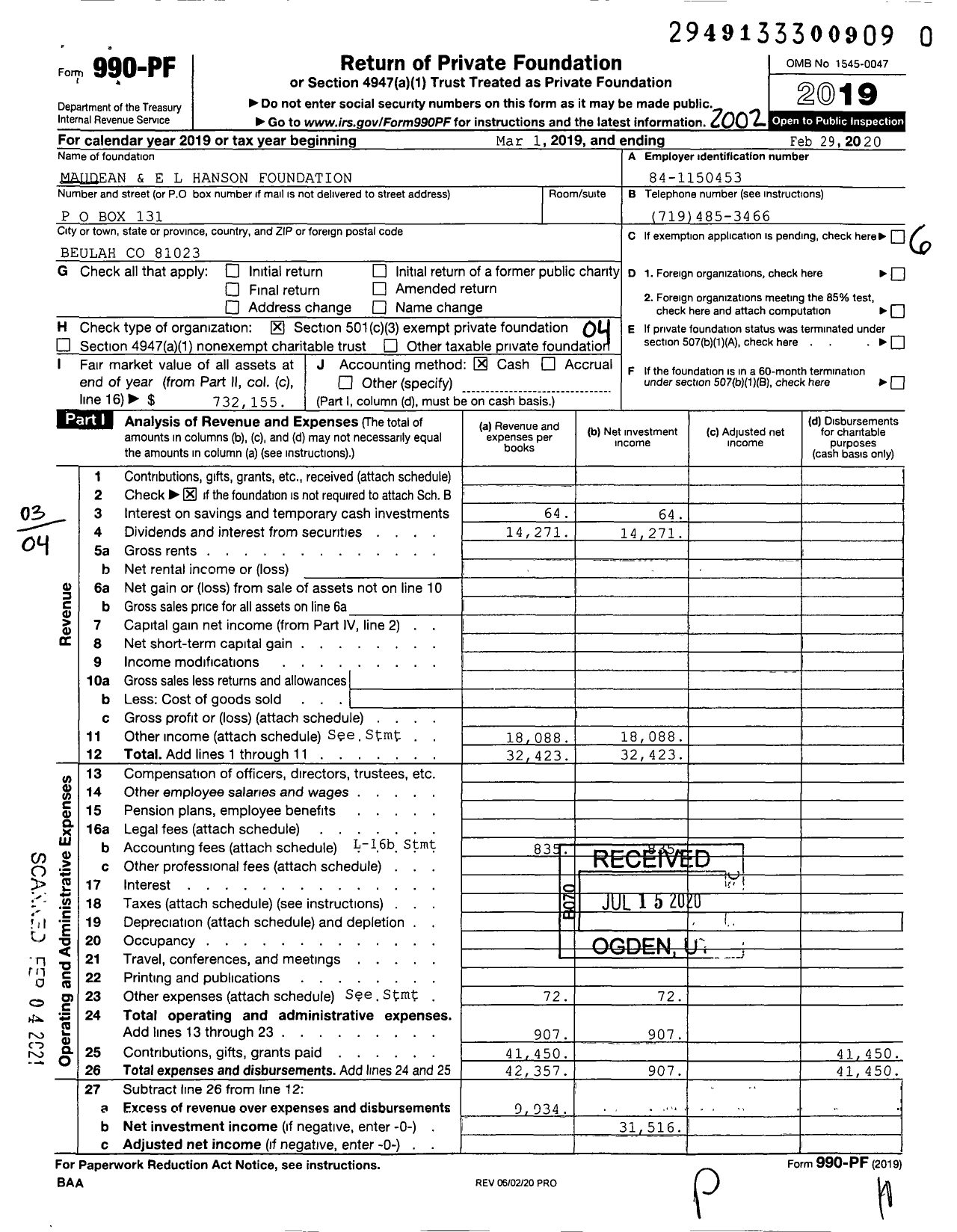 Image of first page of 2019 Form 990PF for Maudeen and E L Hanson Foundation