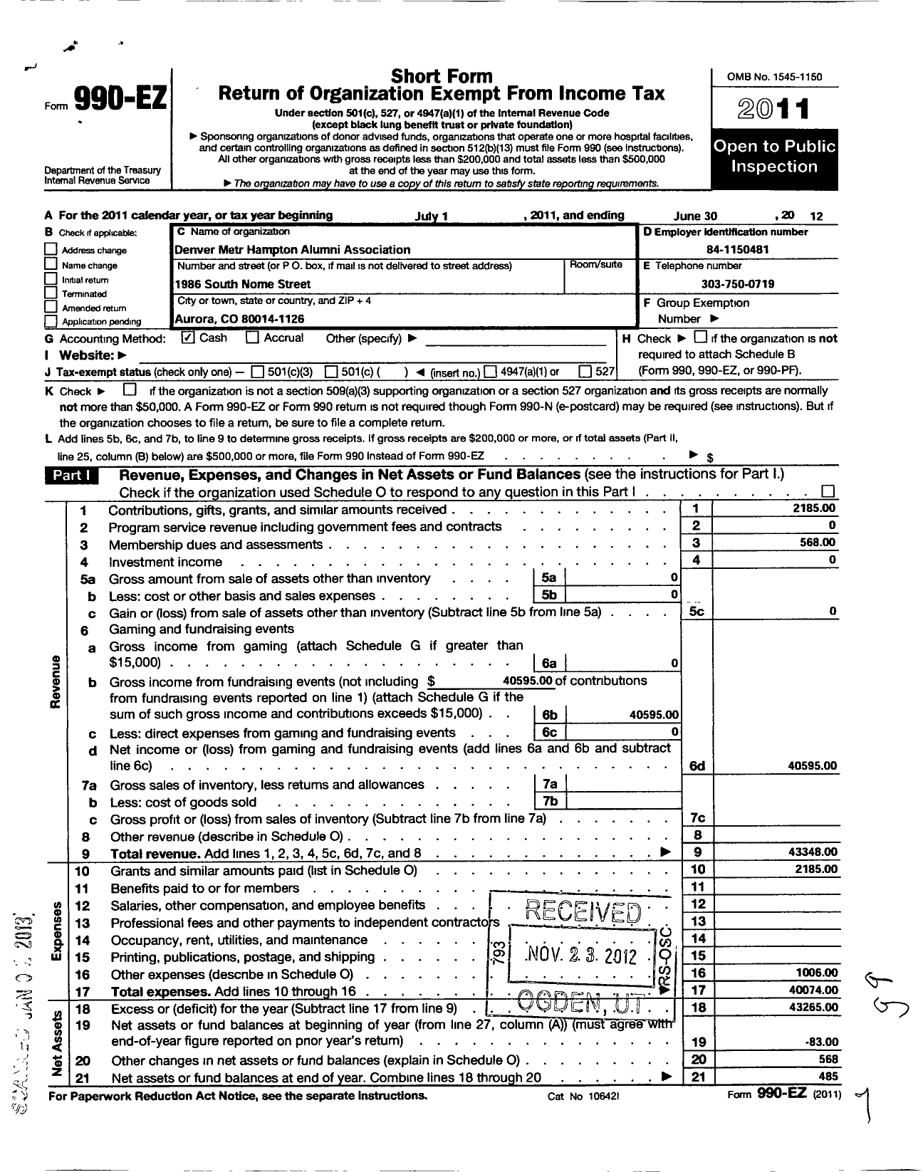 Image of first page of 2011 Form 990EO for Hampton University / Denver Chapter of Nhaa