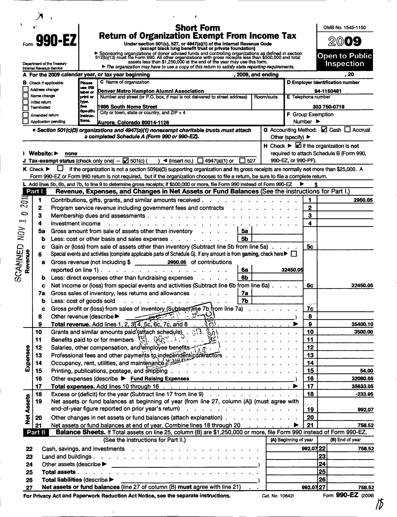 Image of first page of 2009 Form 990EO for Hampton University / Denver Chapter of Nhaa