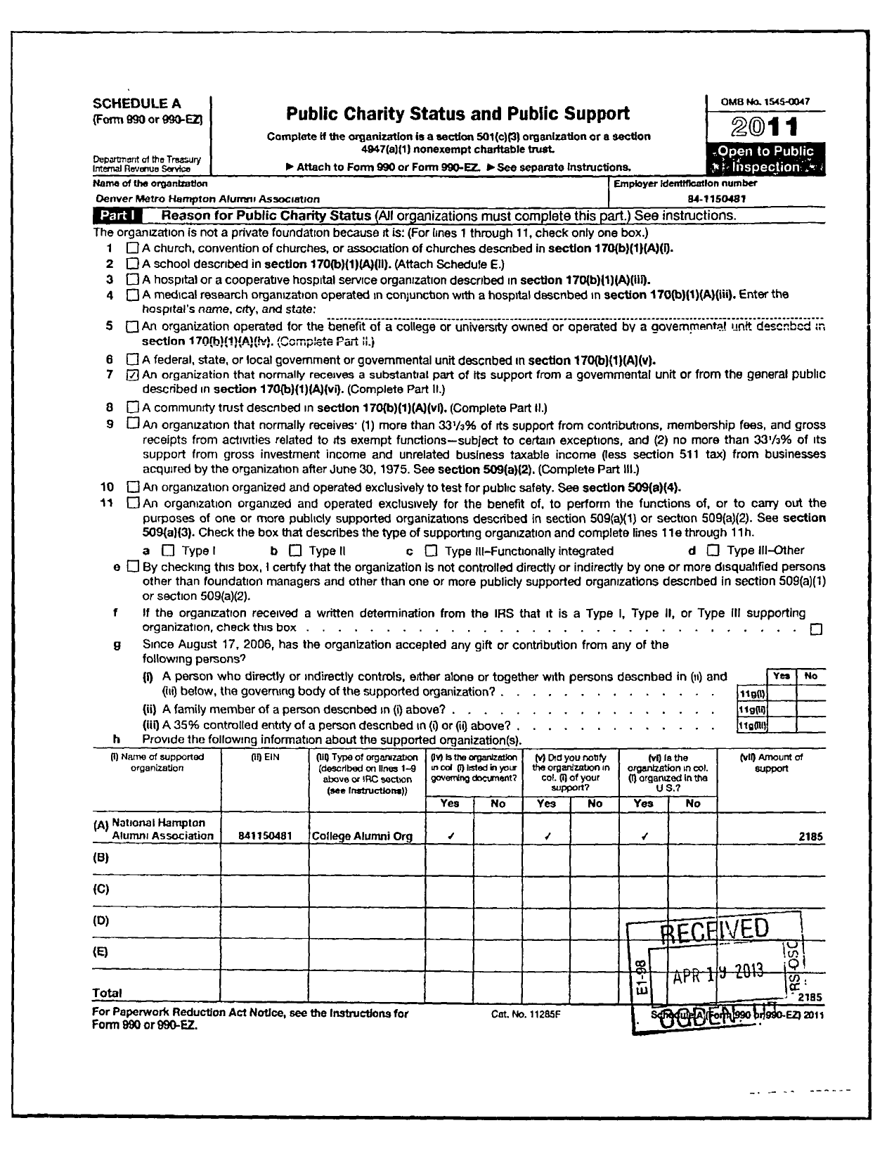 Image of first page of 2011 Form 990ER for Hampton University / Denver Chapter of Nhaa