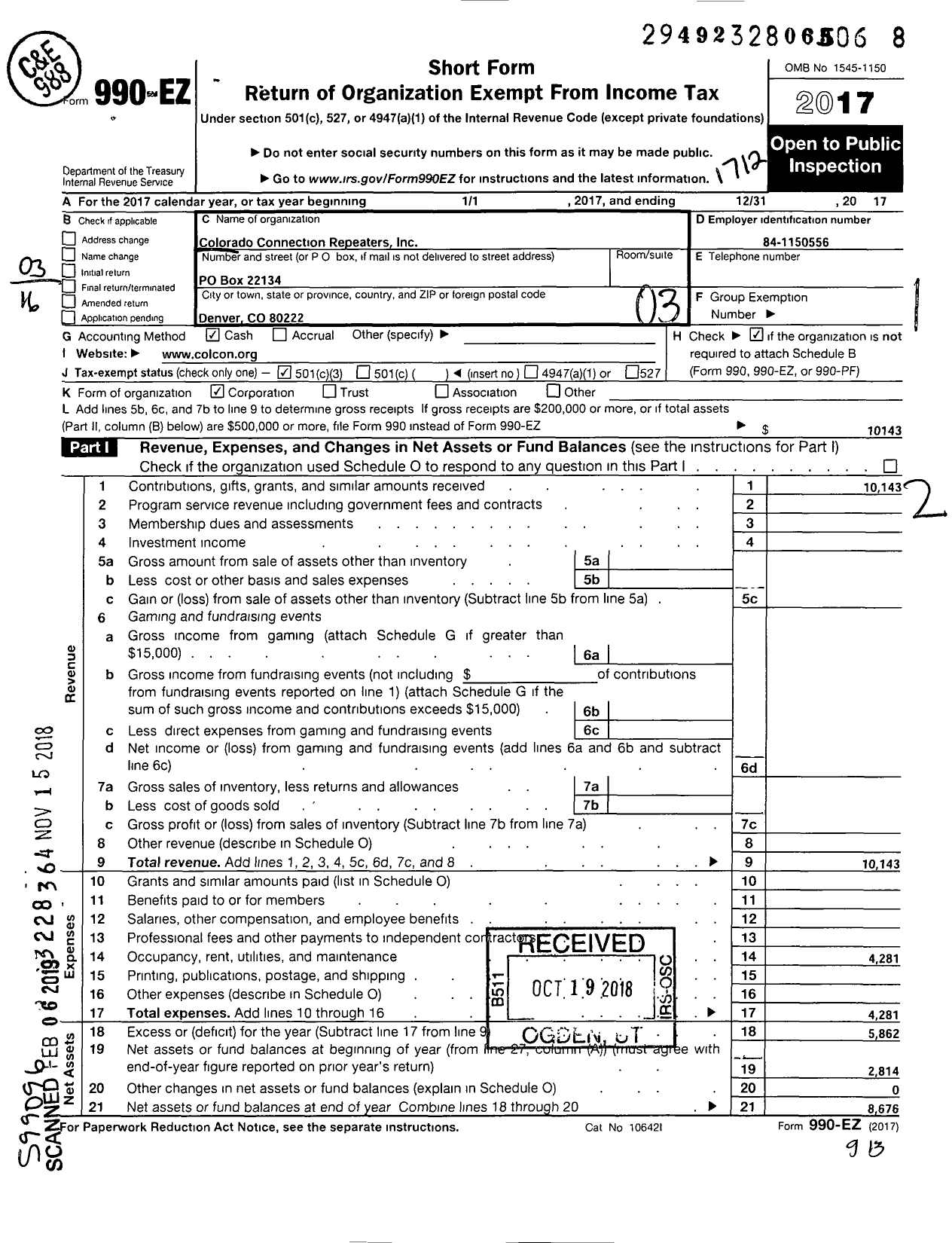 Image of first page of 2017 Form 990EZ for Colorado Connection Repeaters