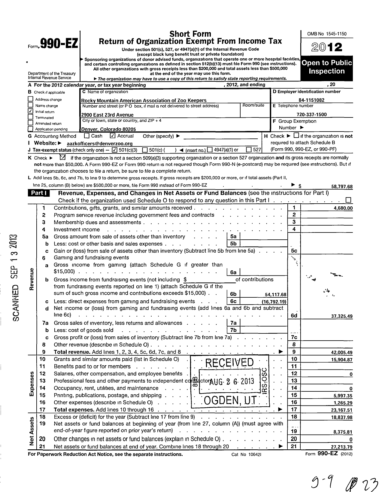 Image of first page of 2012 Form 990EZ for American Association of Zoo Keepers / Rocky Mountain Chapter