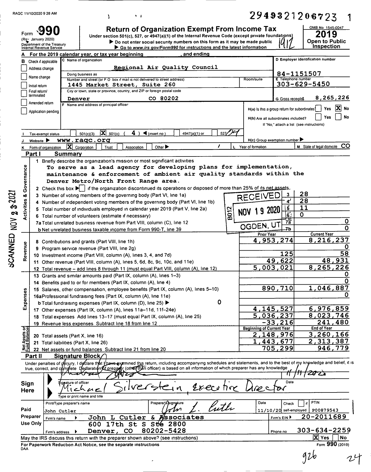 Image of first page of 2019 Form 990O for Regional Air Quality Council