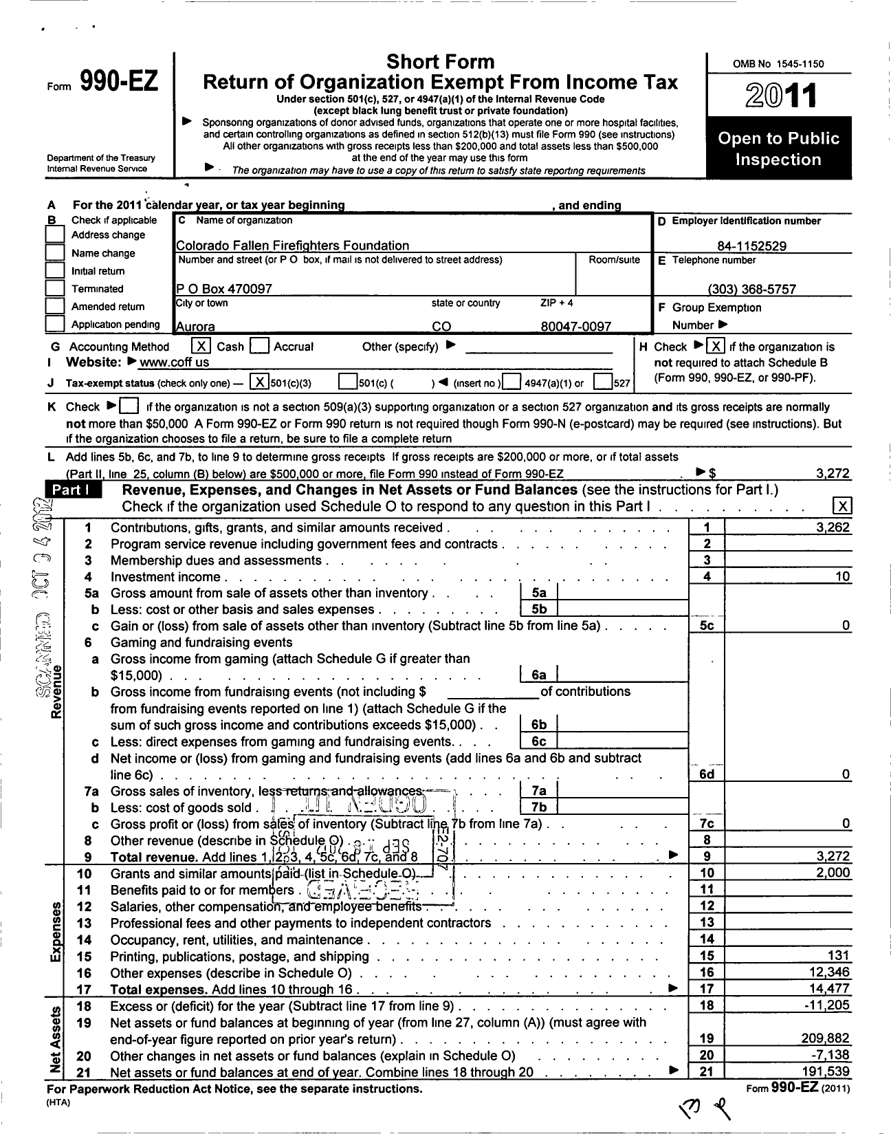 Image of first page of 2011 Form 990EZ for Colorado Fallen Firefighters Foundation