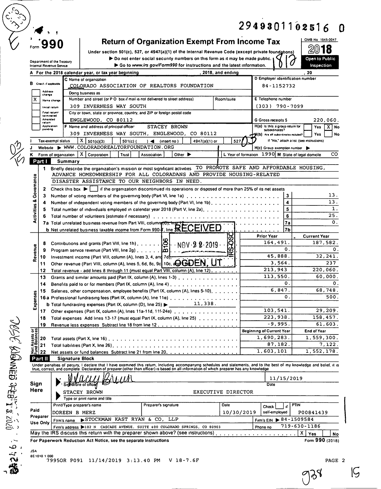 Image of first page of 2018 Form 990 for Colorado Association of REALTORS Foundation