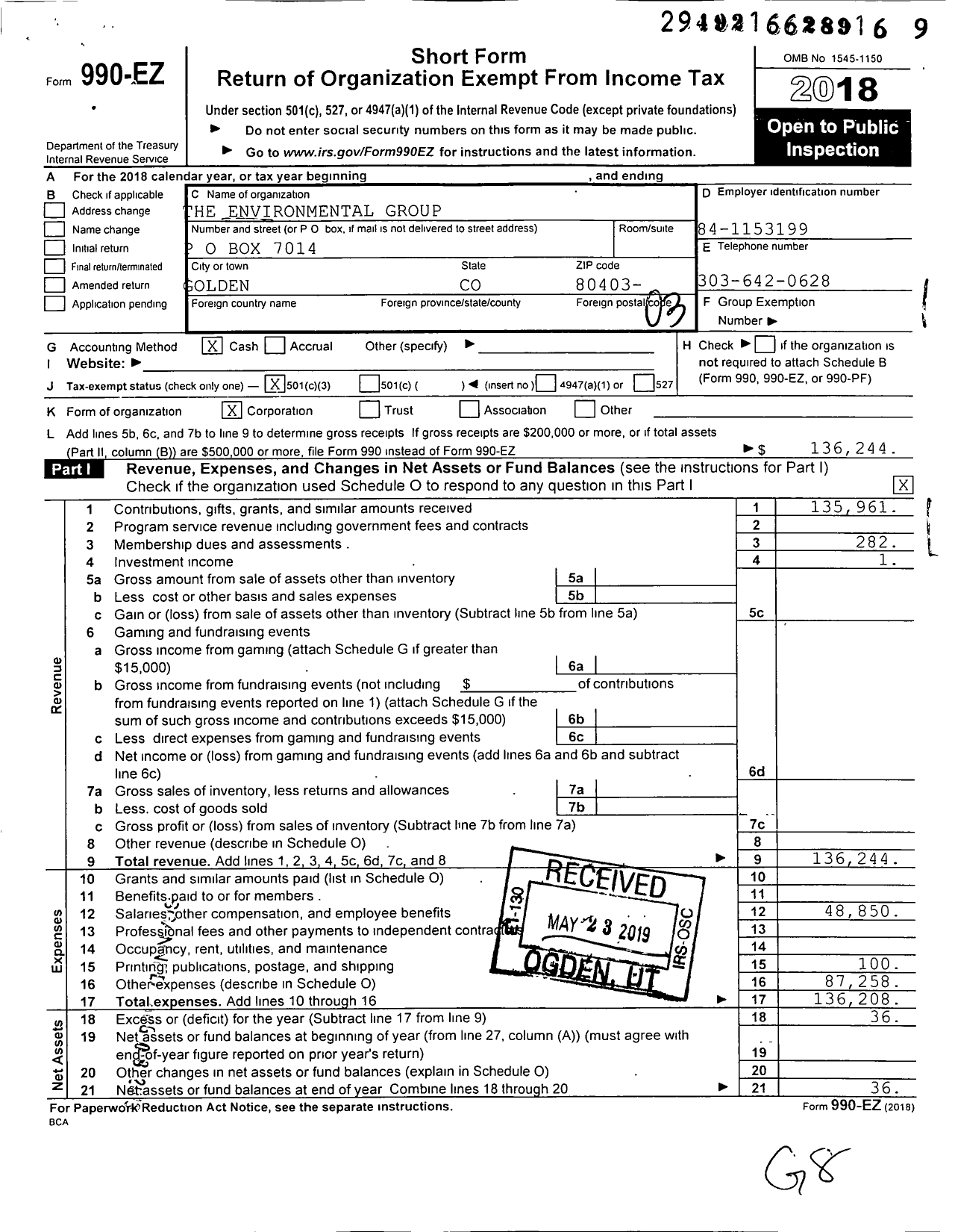 Image of first page of 2018 Form 990EZ for Environmental Group