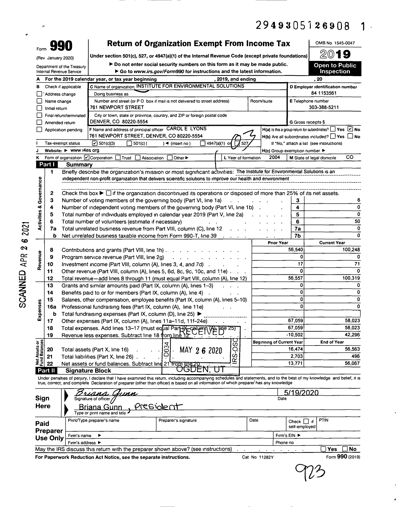 Image of first page of 2019 Form 990 for The Institute for Environmental Solutions