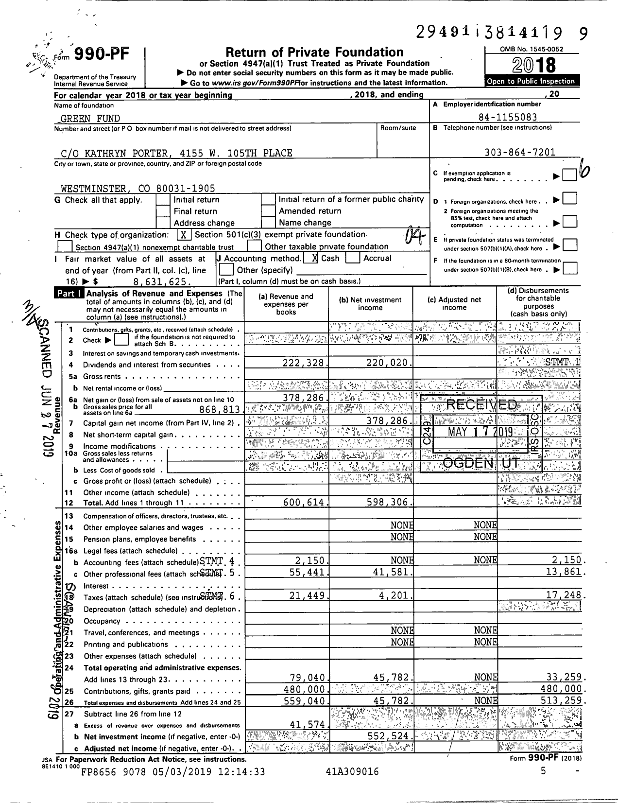Image of first page of 2018 Form 990PF for Green Fund