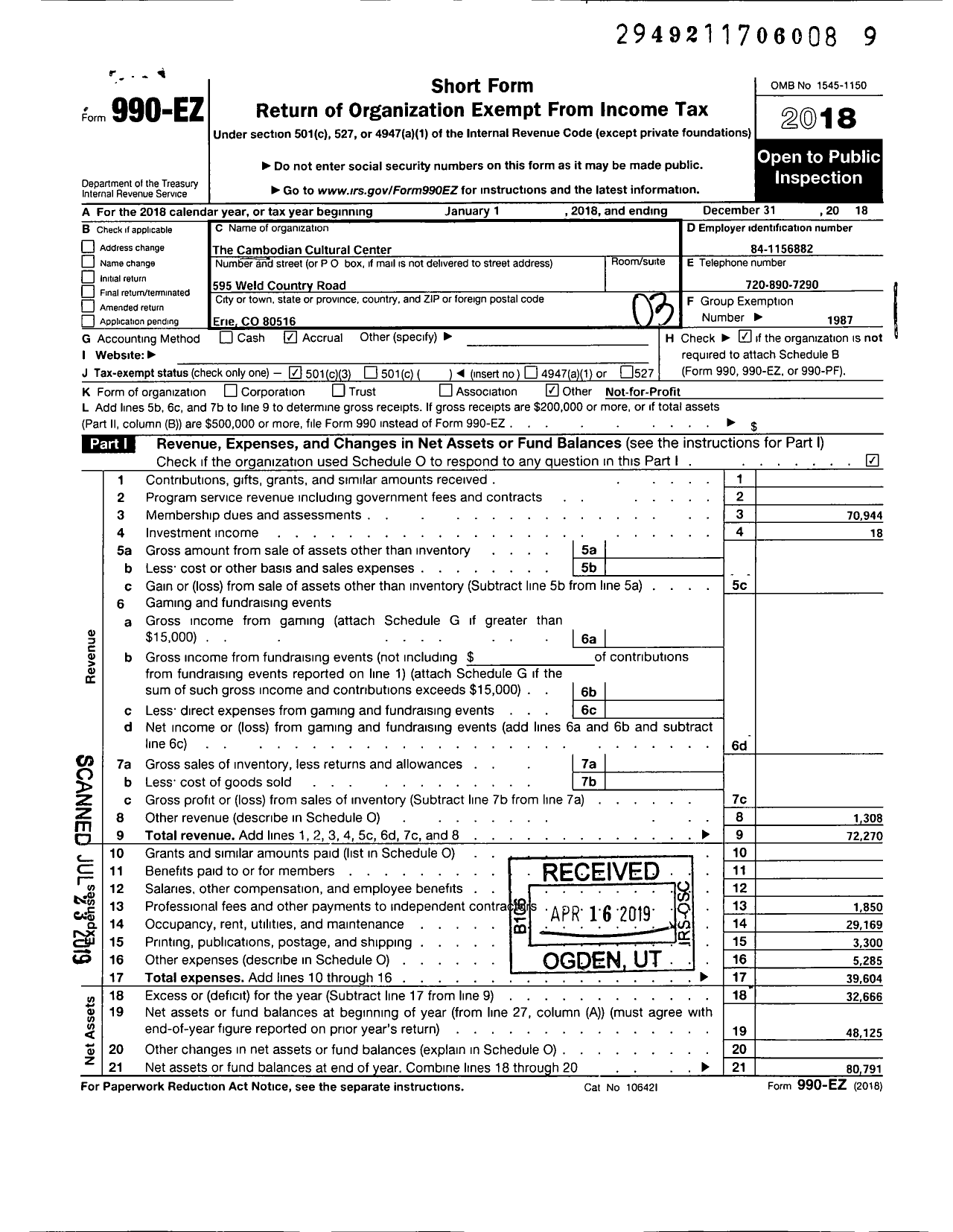 Image of first page of 2018 Form 990EZ for The Cambodian Cultural Center