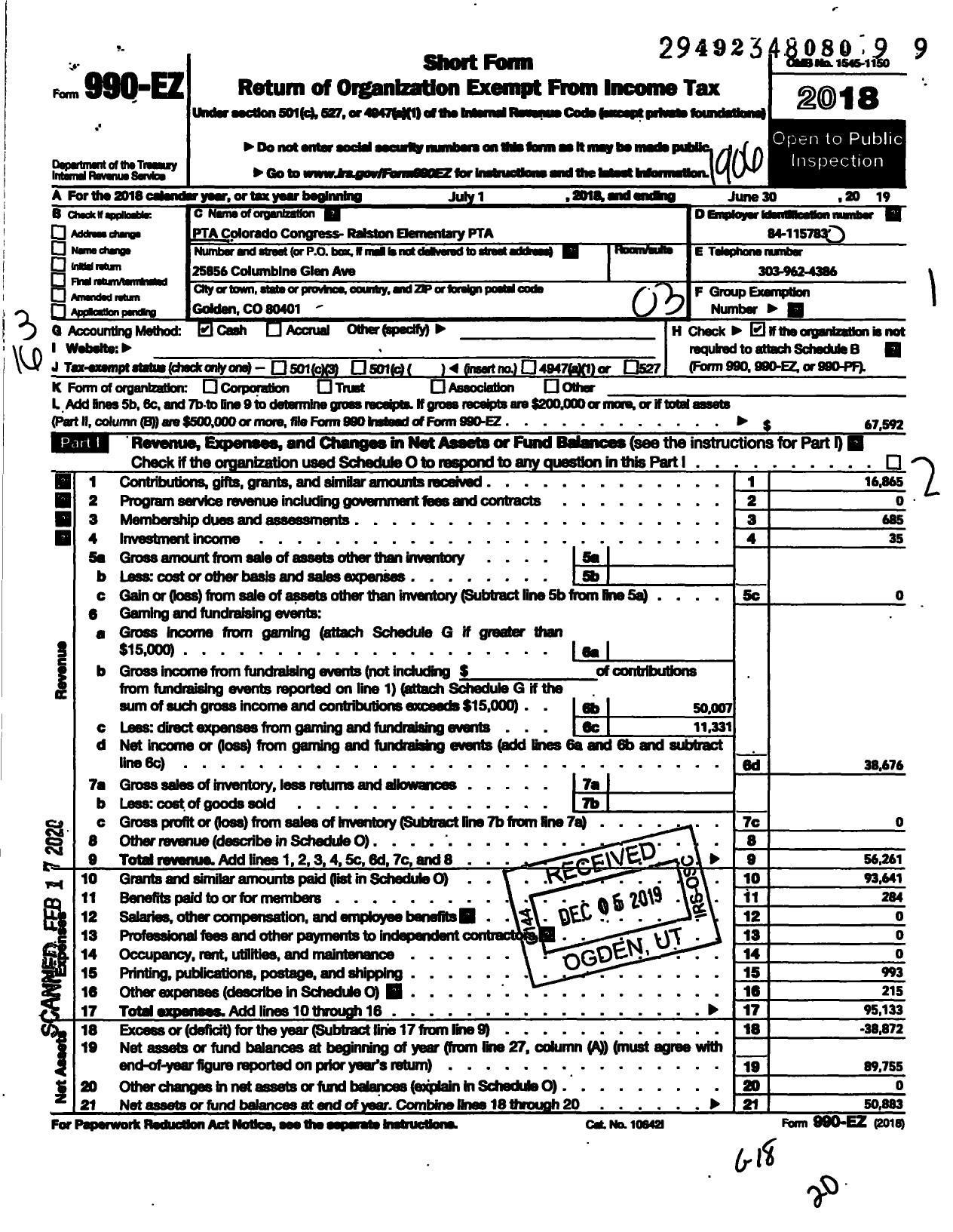 Image of first page of 2018 Form 990EZ for Pto Colorado Congress