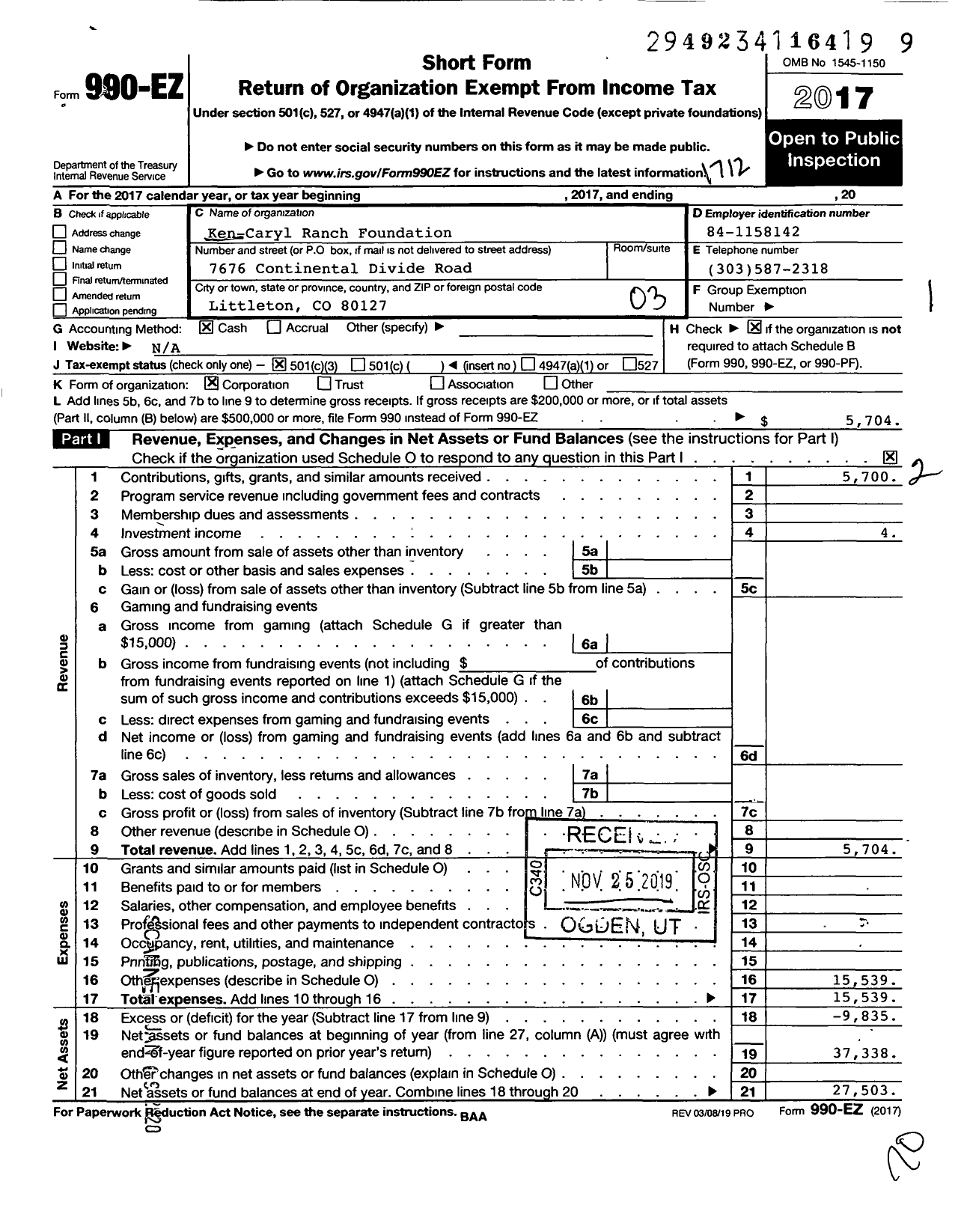 Image of first page of 2017 Form 990EZ for Ken Caryl Ranch Foundation