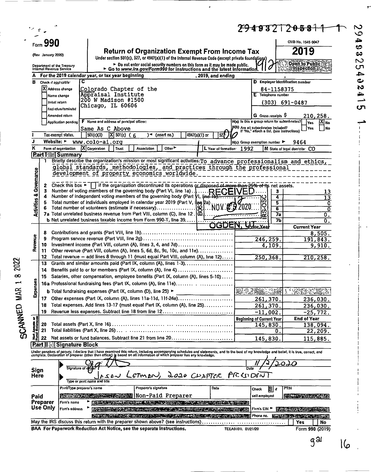 Image of first page of 2019 Form 990O for Colorado Chapter of the Appraisal Institute