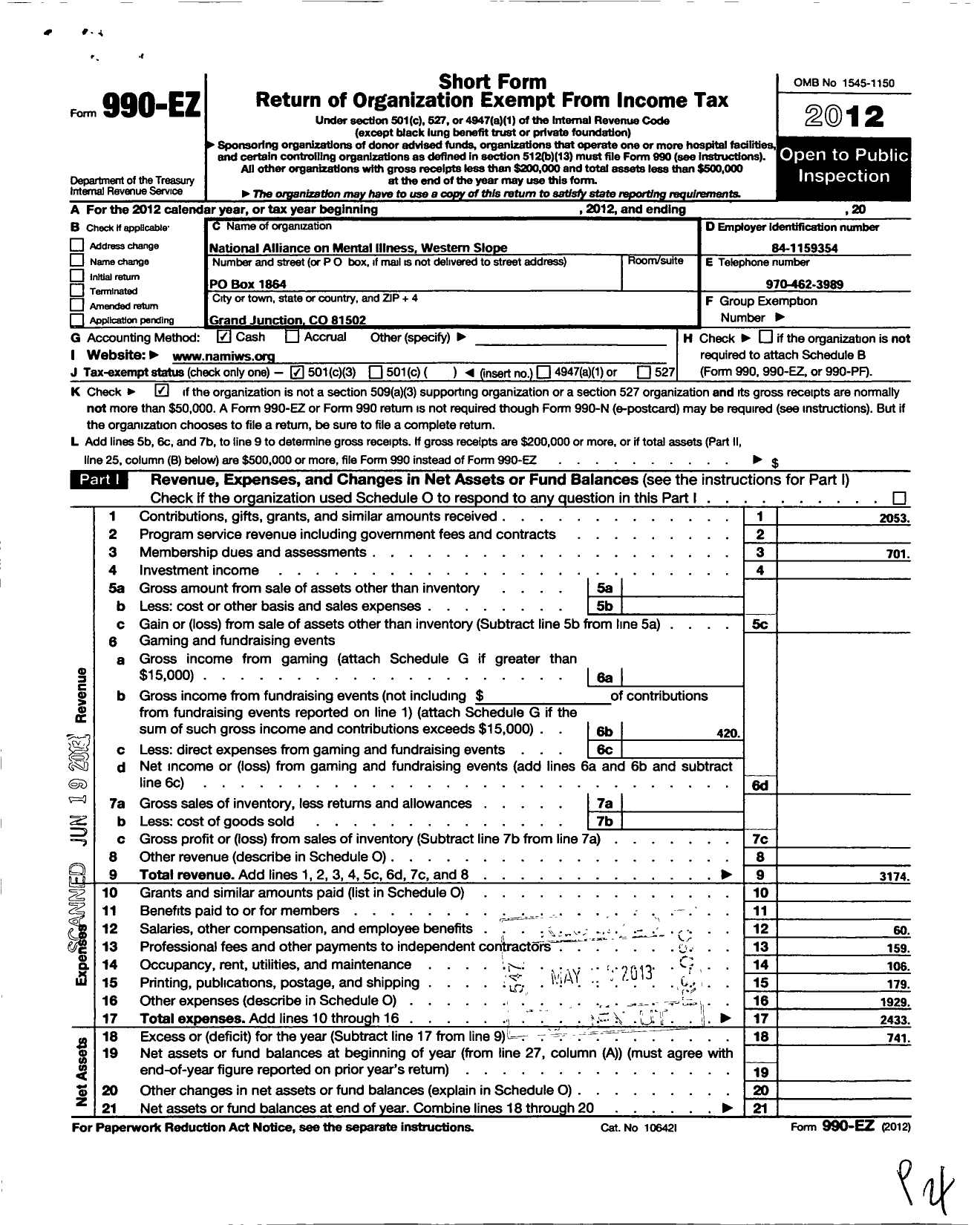 Image of first page of 2012 Form 990EZ for National Alliance on Mental Illness Western Slope