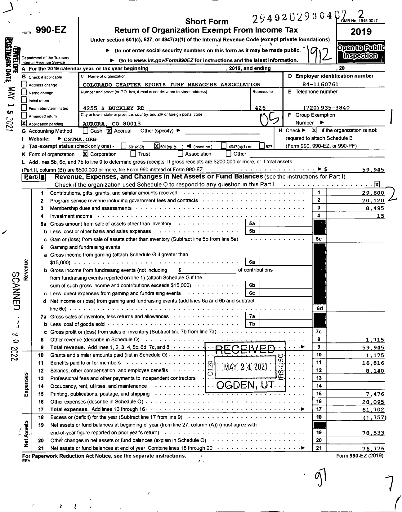 Image of first page of 2019 Form 990EO for Colorado Chapter Sports Turf Managers Association