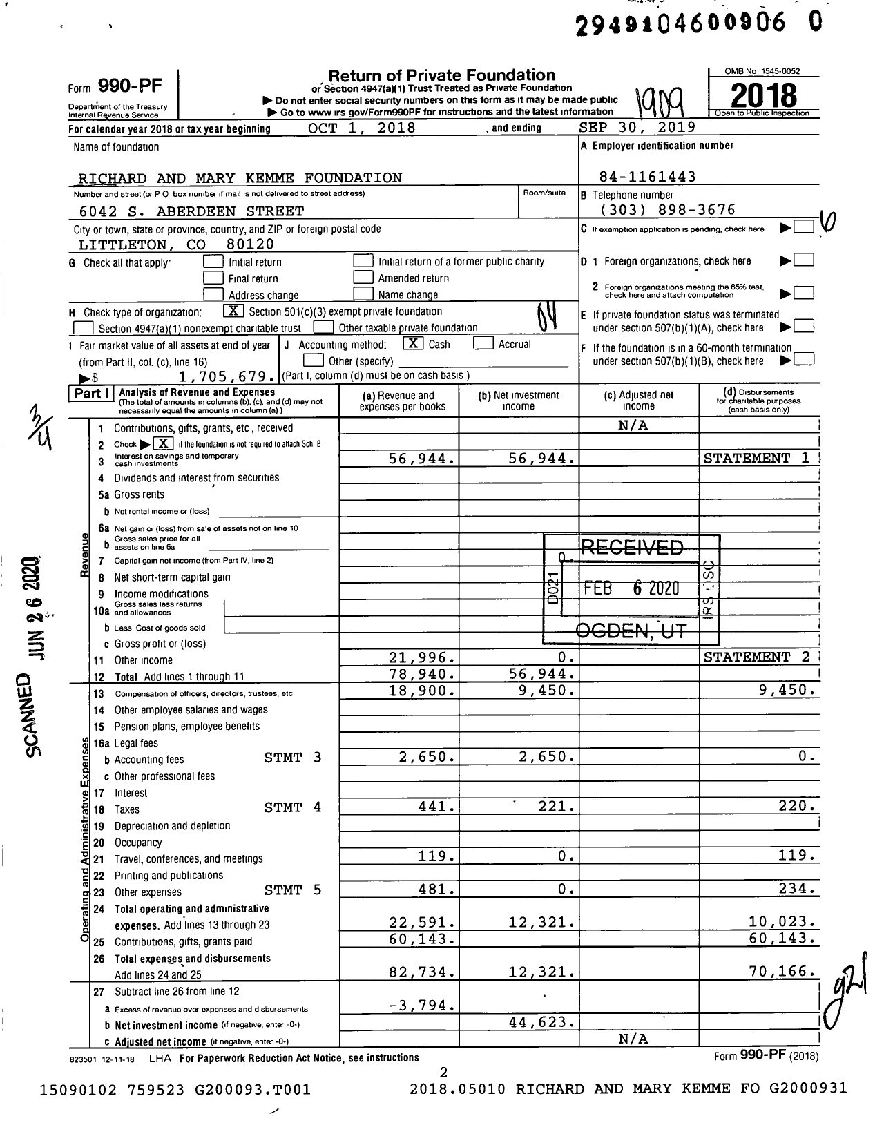 Image of first page of 2018 Form 990PR for Richard and Mary Kemme Foundation