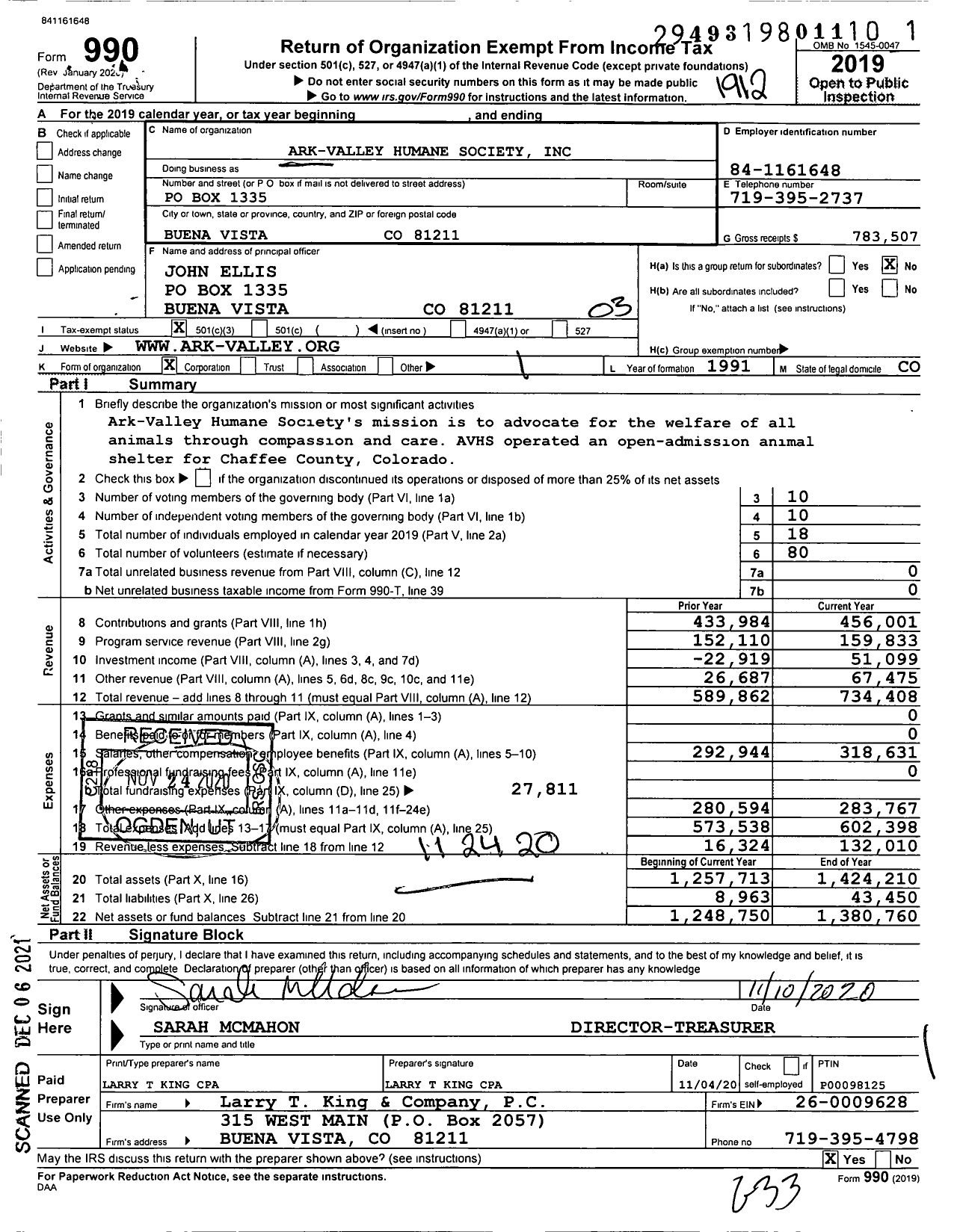 Image of first page of 2019 Form 990 for Ark-Valley Humane Society
