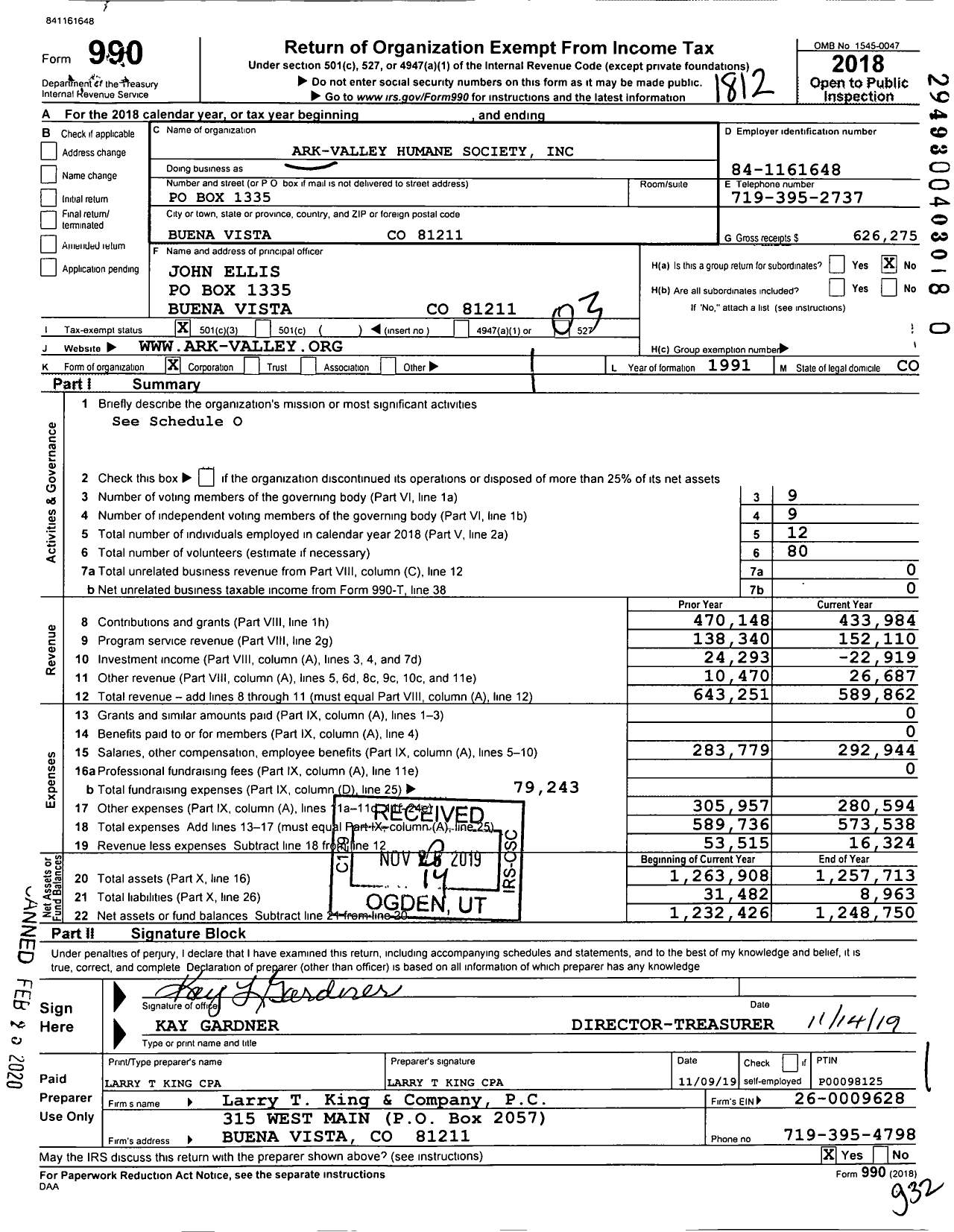Image of first page of 2018 Form 990 for Ark-Valley Humane Society