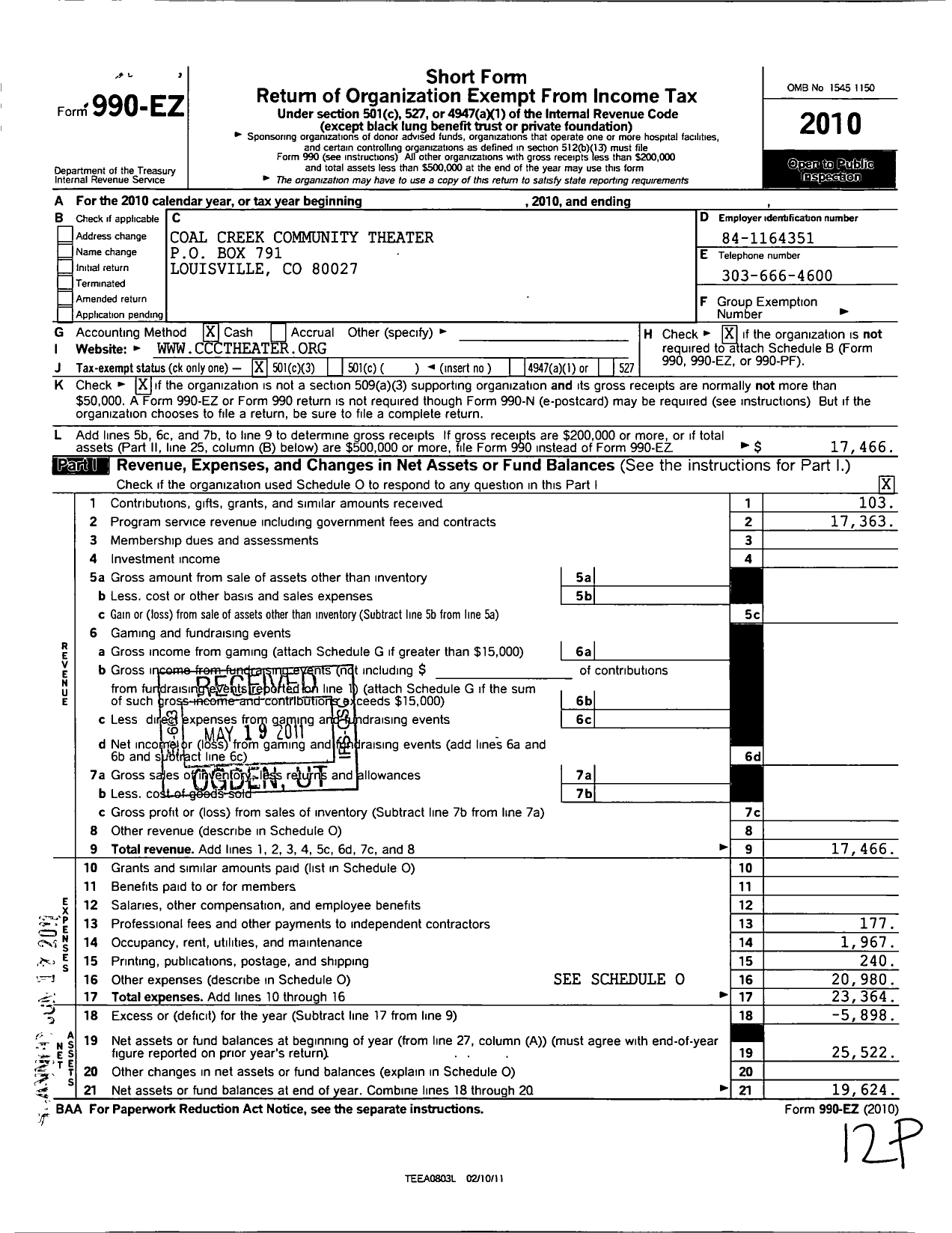 Image of first page of 2010 Form 990EZ for Coal Creek Community Theater