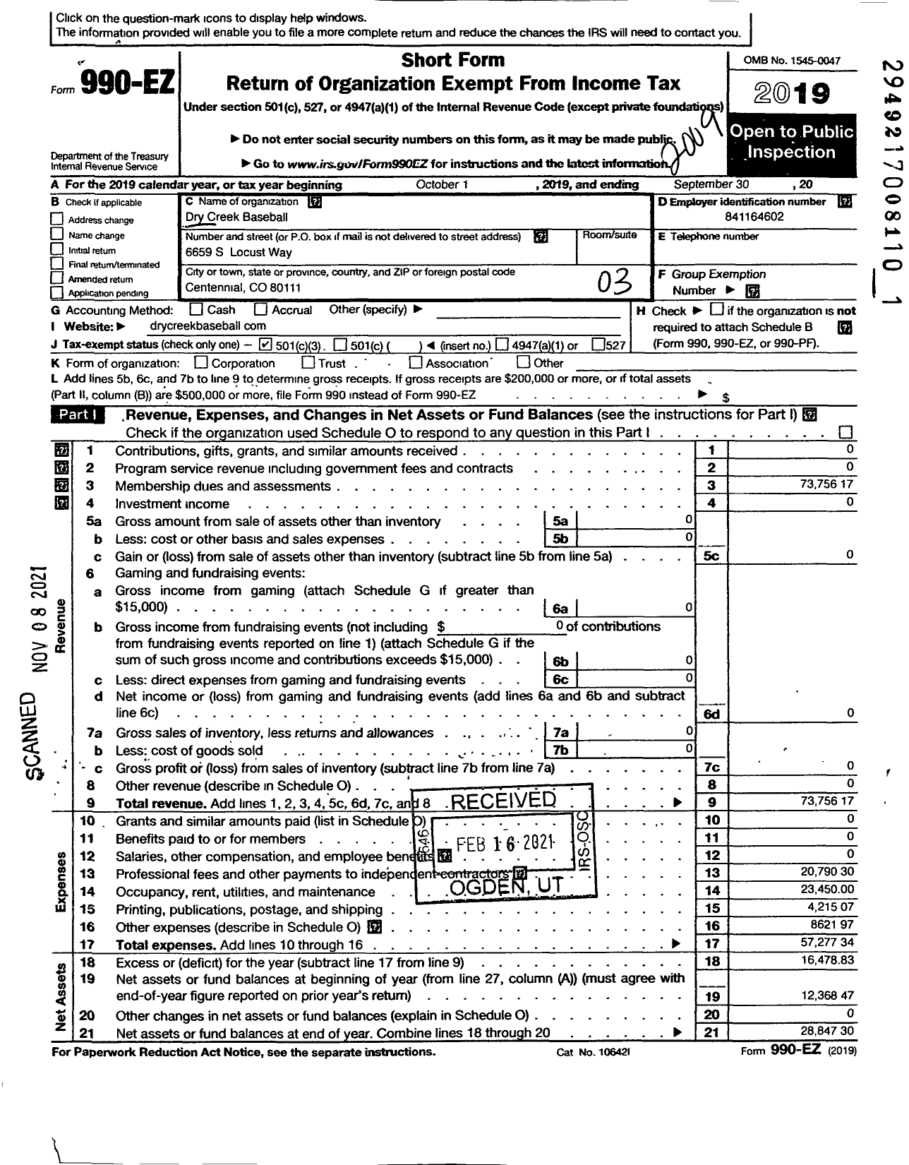 Image of first page of 2019 Form 990EZ for Little League Baseball - 4060502 Dry Creek Baseball LL