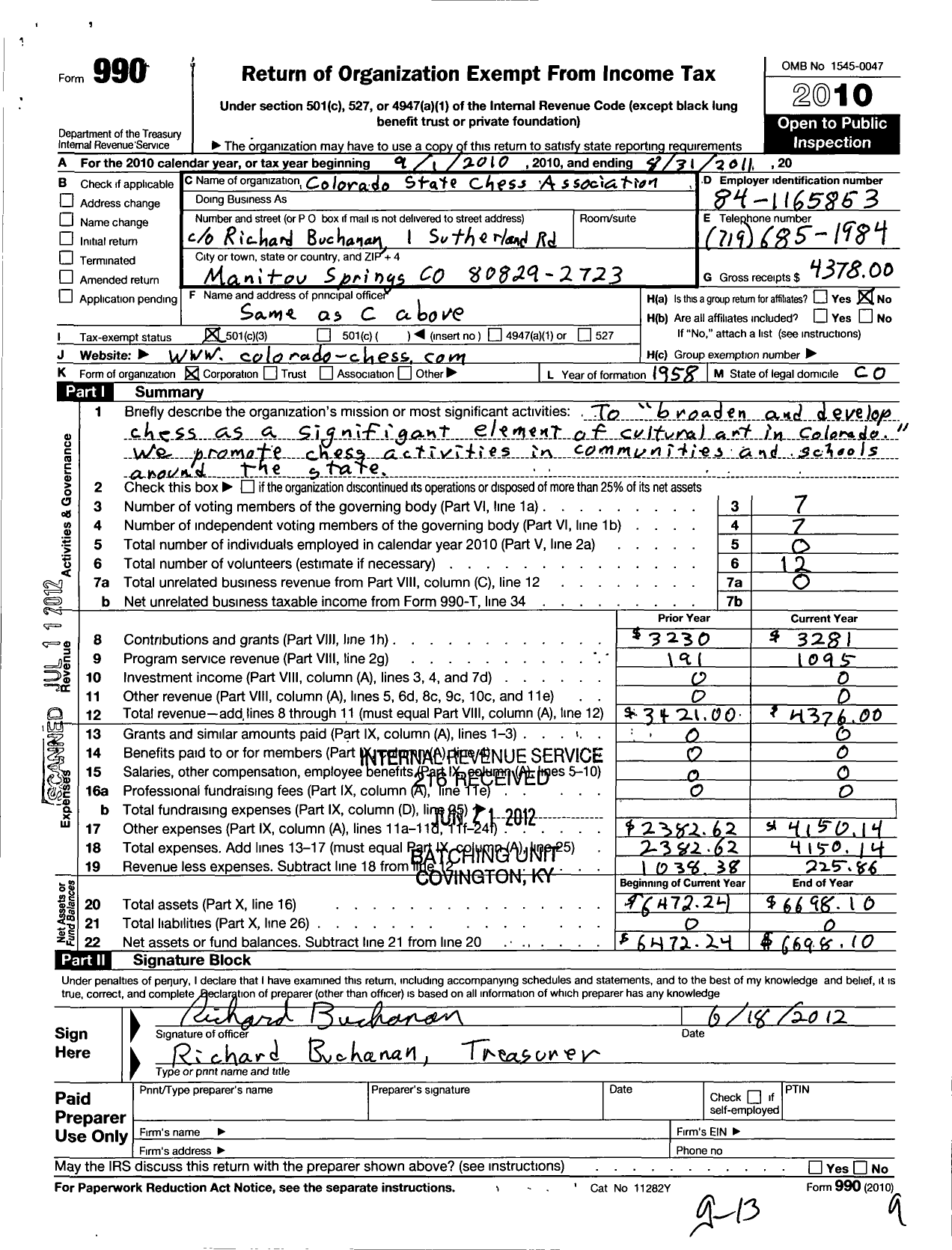 Image of first page of 2010 Form 990 for Colorado State Chess Association