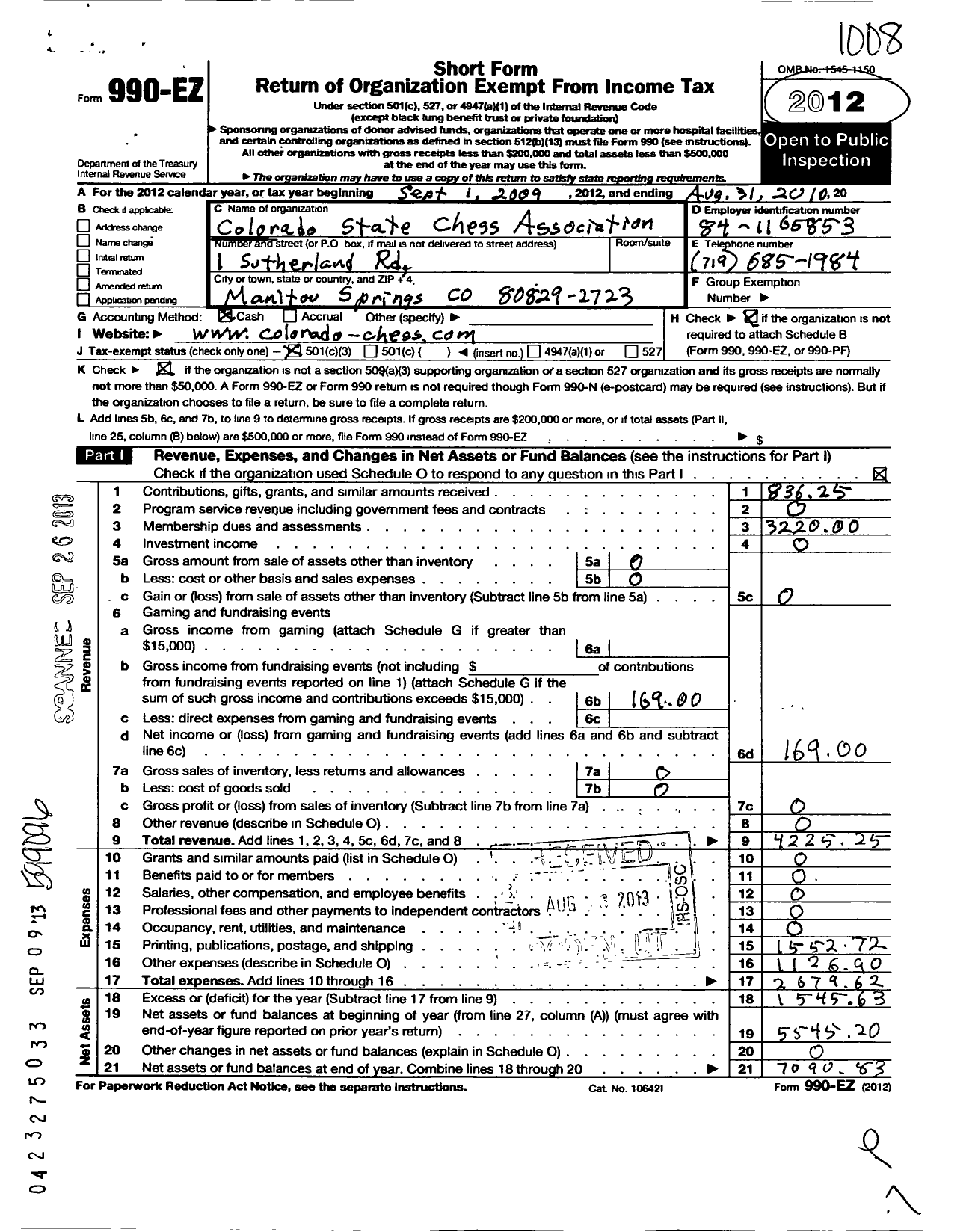 Image of first page of 2009 Form 990EZ for Colorado State Chess Association