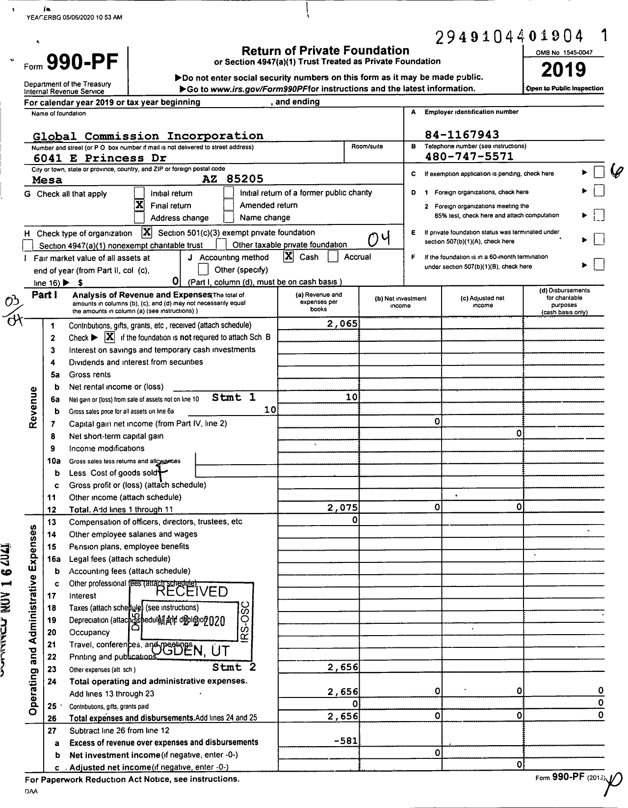 Image of first page of 2019 Form 990PF for Global Commission Incorporation