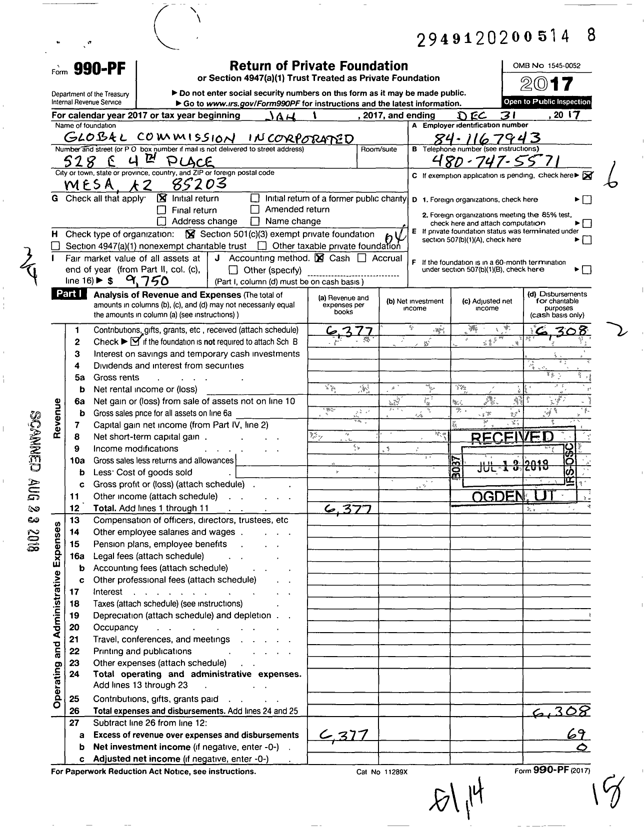 Image of first page of 2017 Form 990PF for Global Commission Incorporation