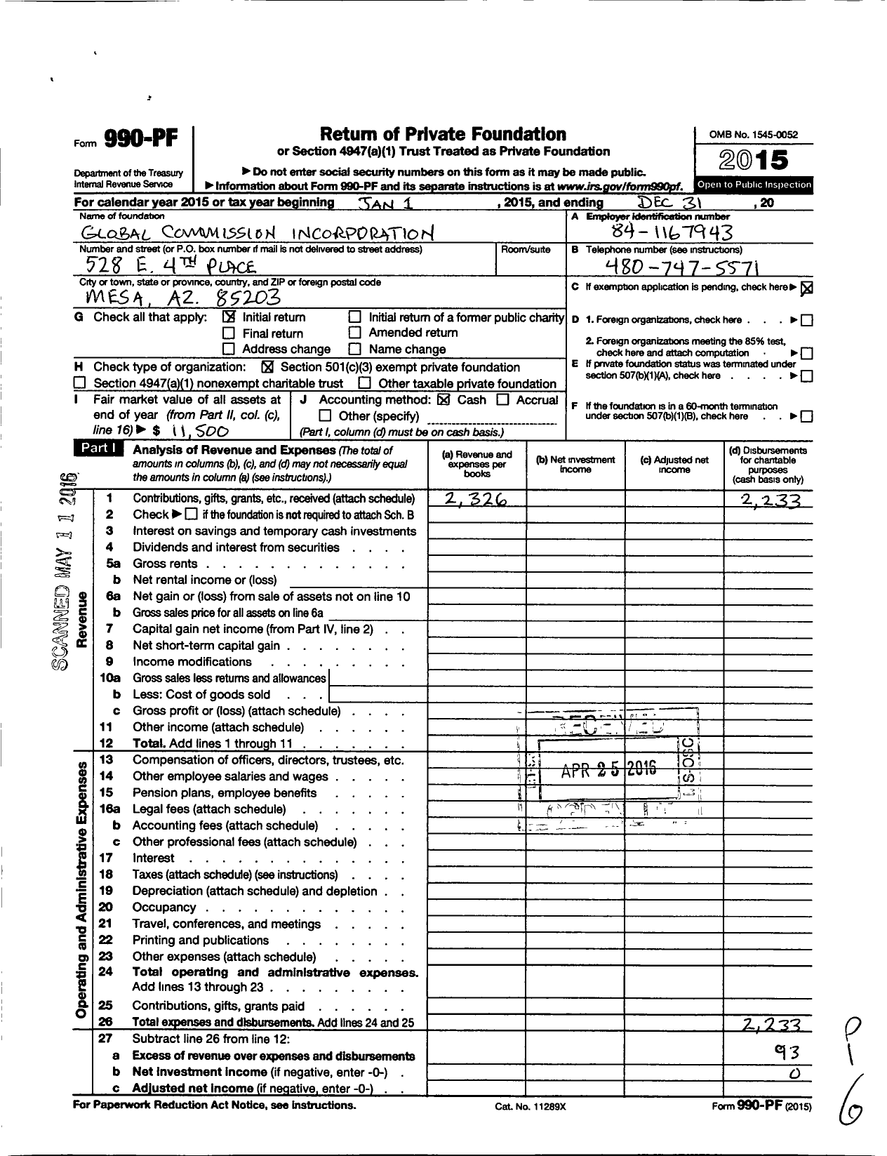 Image of first page of 2015 Form 990PF for Global Commission Incorporation