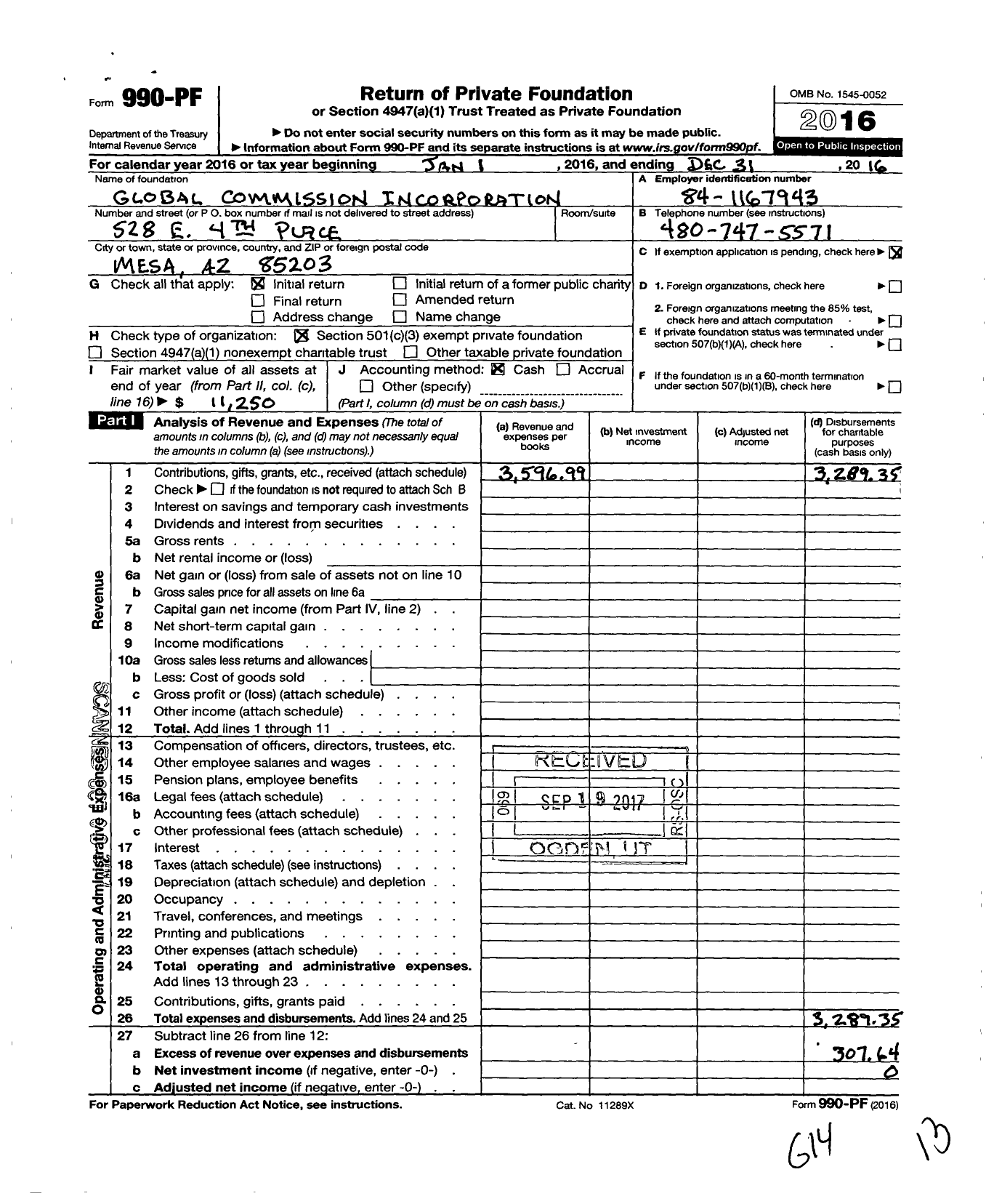 Image of first page of 2016 Form 990PF for Global Commission Incorporation