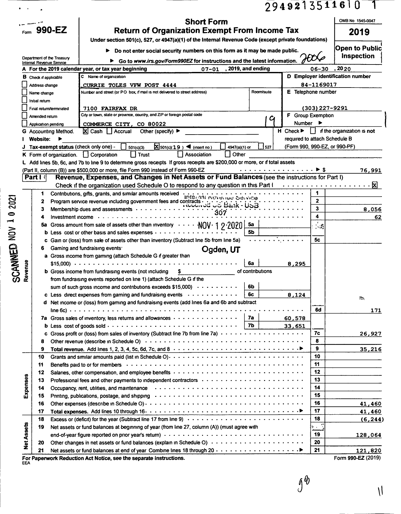 Image of first page of 2019 Form 990EO for Veterans of Foreign Wars of the United States Dept of Colorado - 4444 Carstens Currie Toles Post