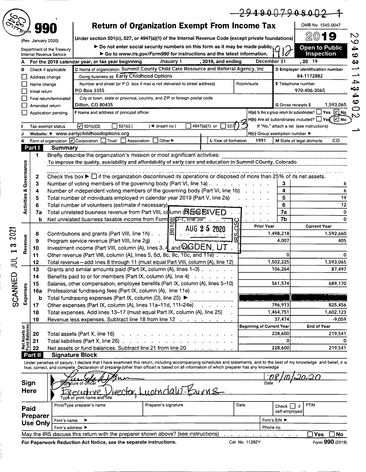 Image of first page of 2019 Form 990 for Early Childhood Options