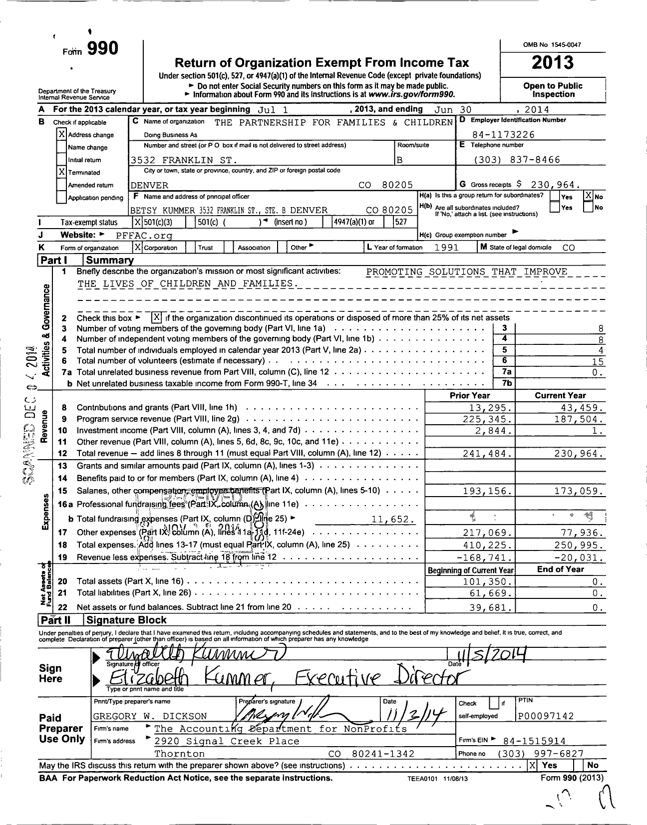 Image of first page of 2013 Form 990 for Partnership for Families and Children
