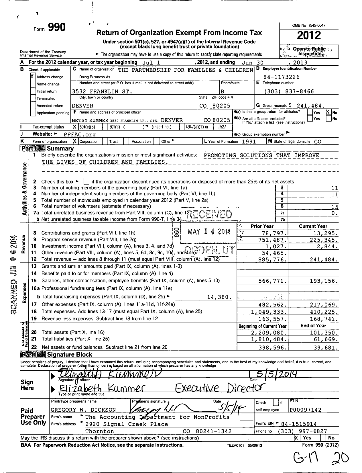 Image of first page of 2012 Form 990 for Partnership for Families and Children