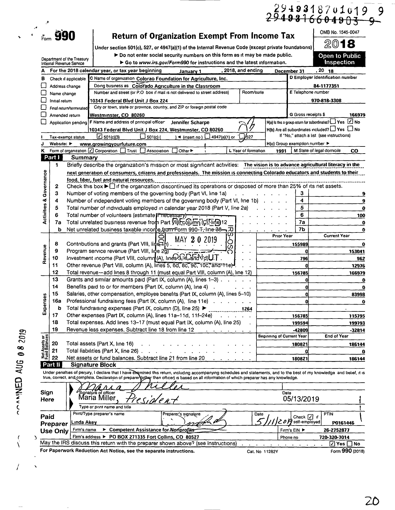 Image of first page of 2018 Form 990 for Colorado Foundation for Agriculture Colorado Agriculture in the Classroom
